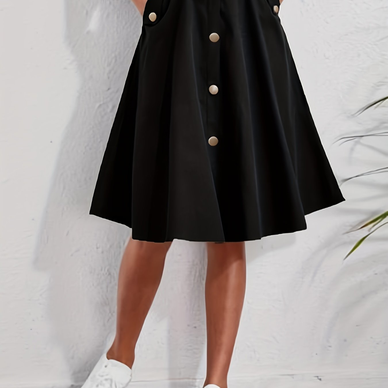 Button Front Pocket Skirt, Casual Solid Every Day Skirt, Women's Clothing