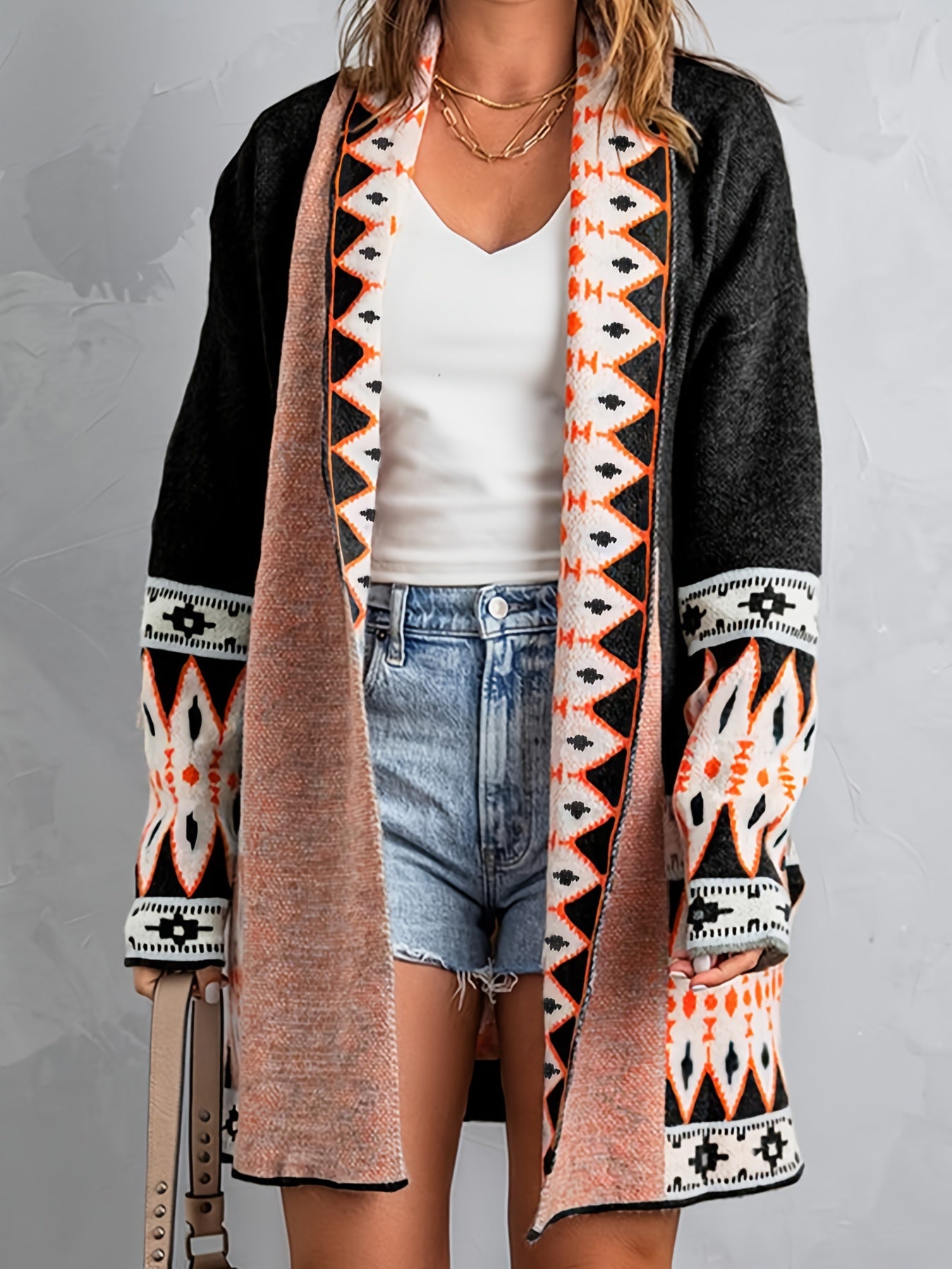 Aztec Print Knit Cardigan, Vintage Open Front Long Sleeve Sweater, Women's Clothing