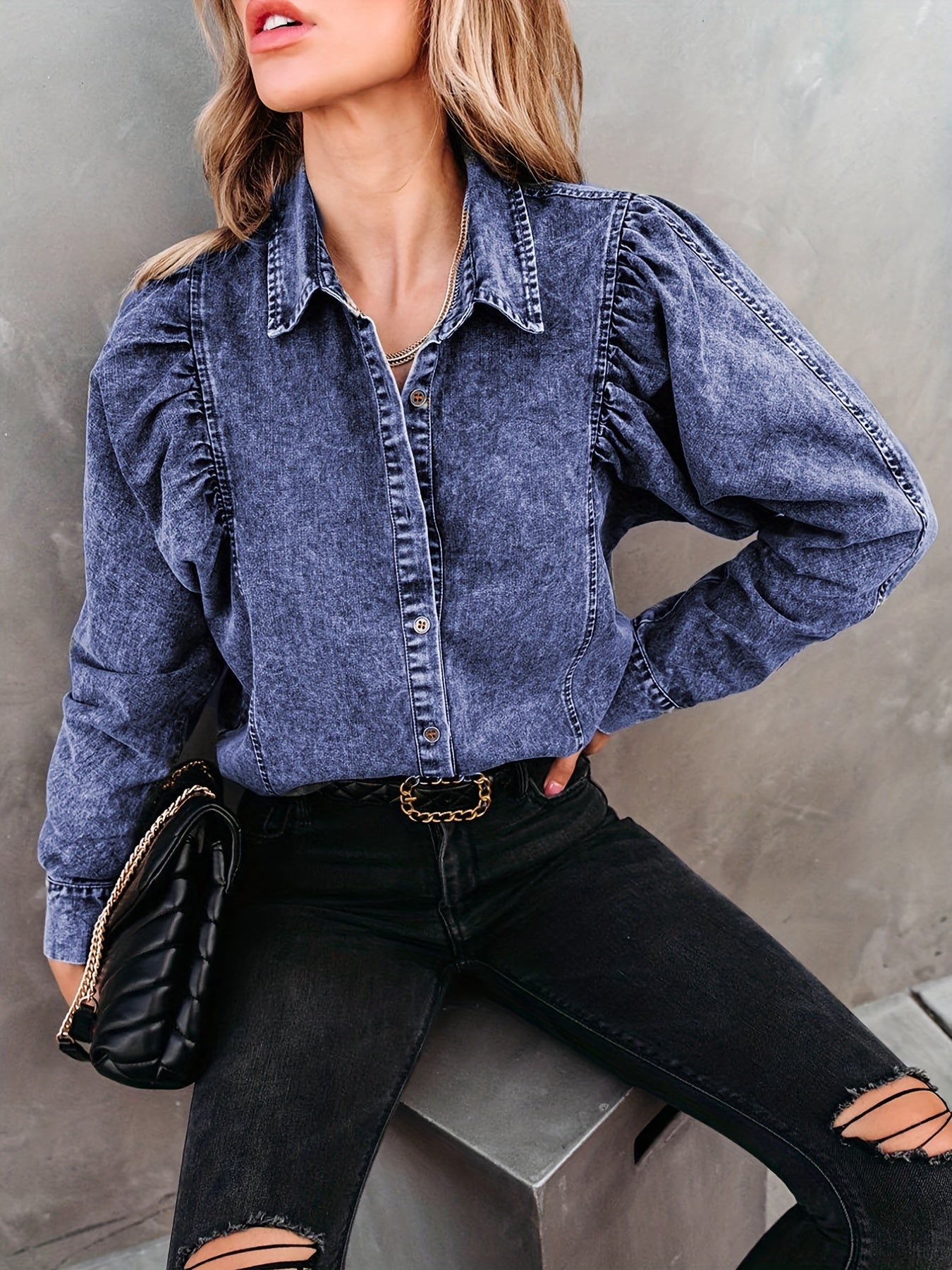 Long Sleeves Lapel Denim Shirt, Single-Breasted Button Versatile Denim Top, Women's Denim Clothing