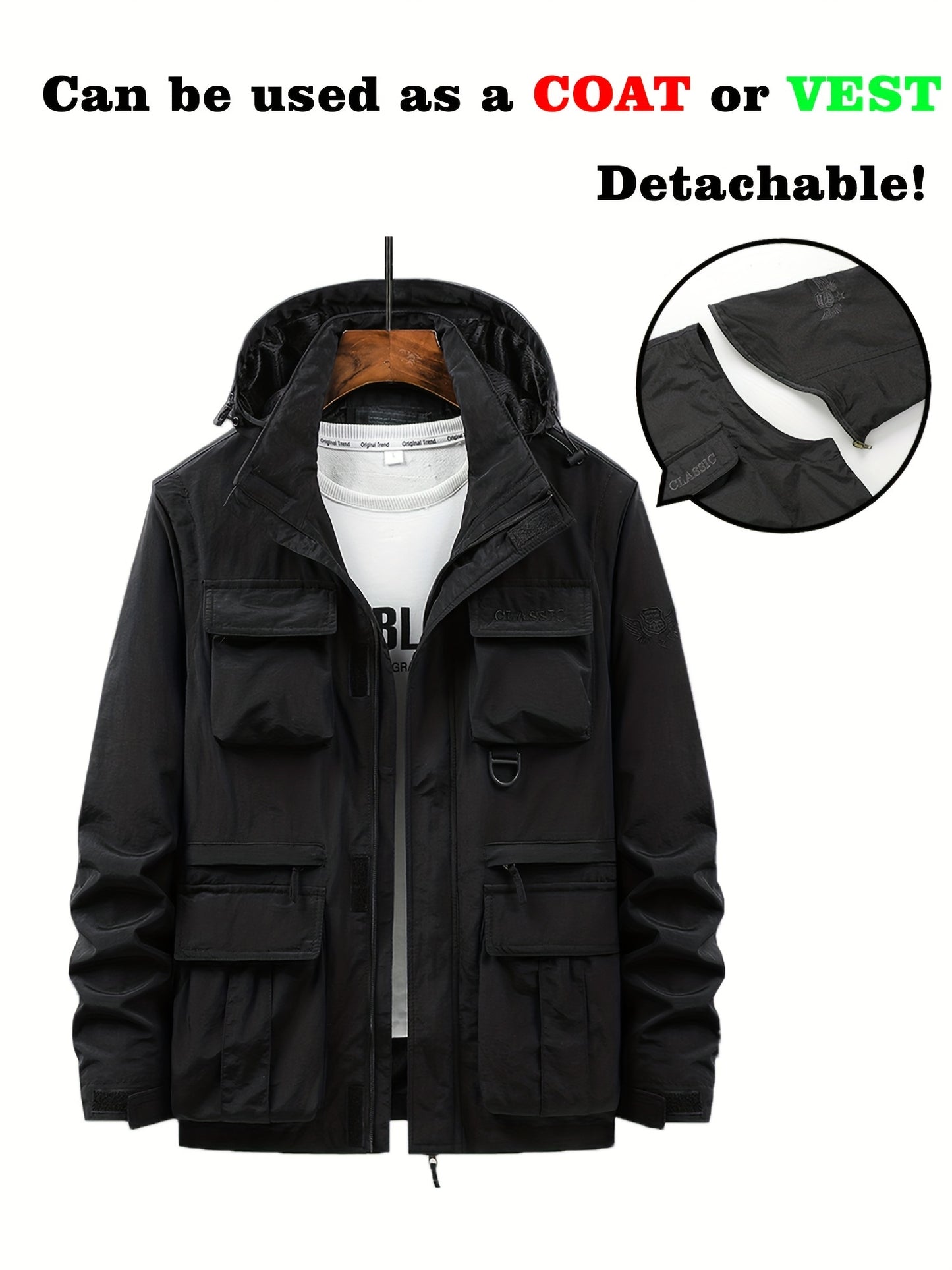 Men's Multi Pocket Detachable Windbreaker Jacket, Cargo Vest For Outdoor Fishing Climbing Photography, Multifunctional Wear-resistant Coat Vest