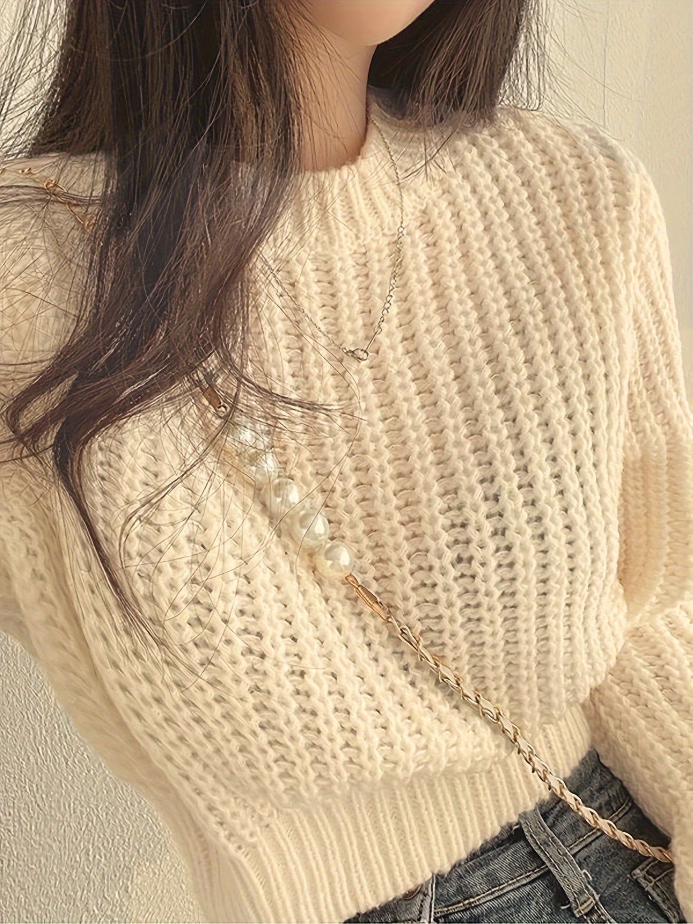 Solid Crew Neck Chunky Knit Sweater, Casual Long Sleeve Crop Pullover Sweater, Women's Clothing