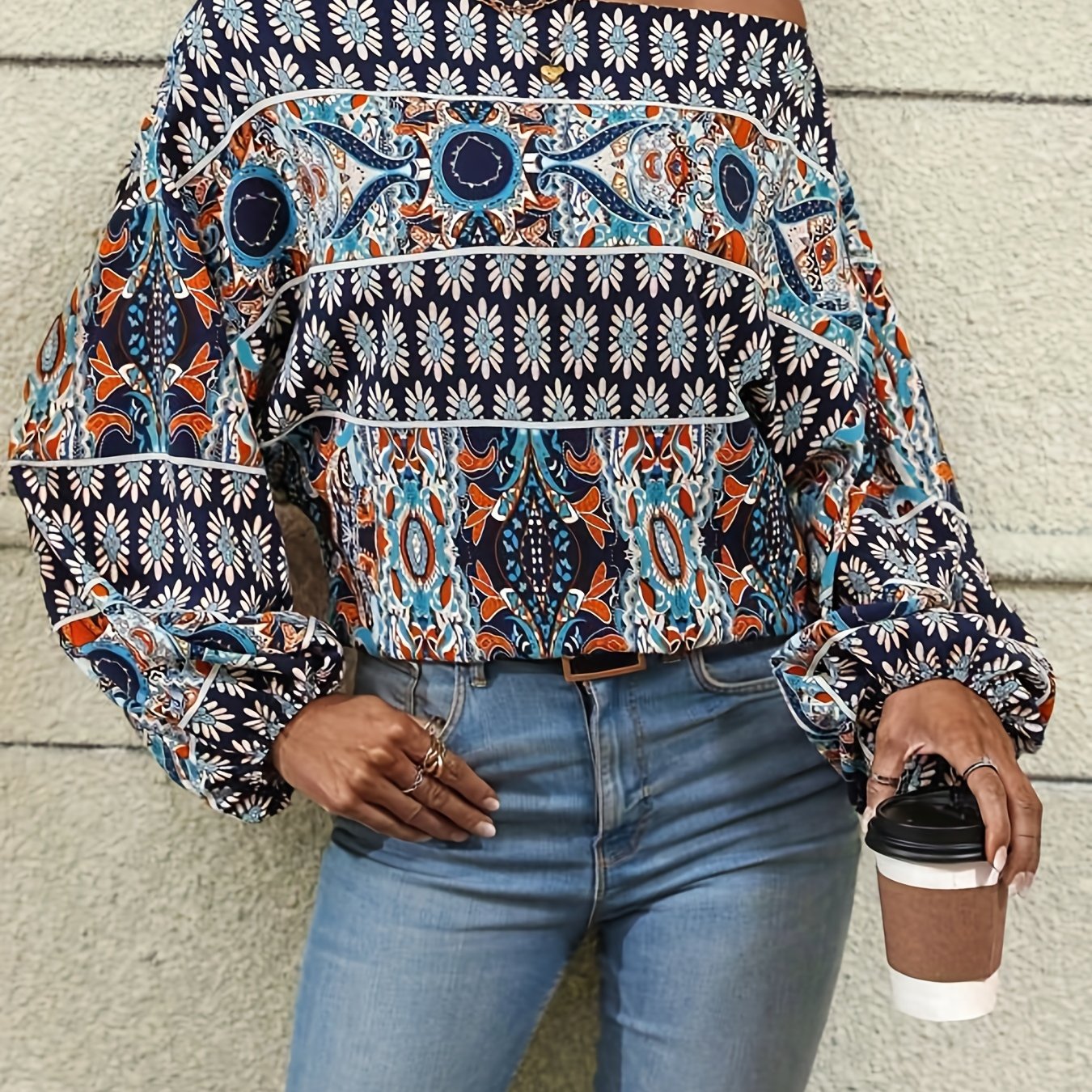 vlovelaw Ethnic Graphic Print Blouse, Casual Off Shoulder Long Sleeve Blouse, Women's Clothing