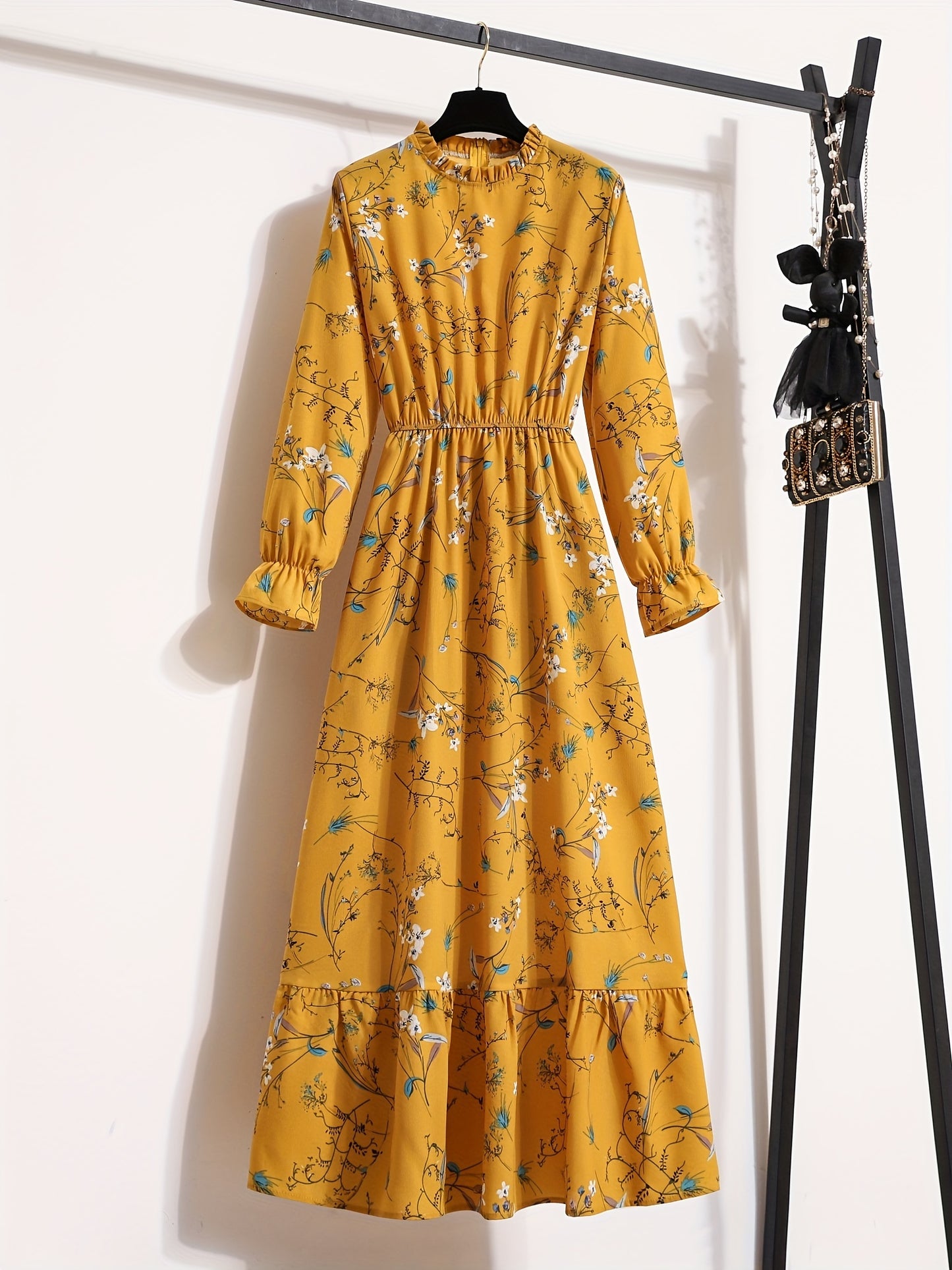 Floral Print Ruffle Trim Dress, Elegant Stand Collar Long Sleeve Maxi Dress, Women's Clothing