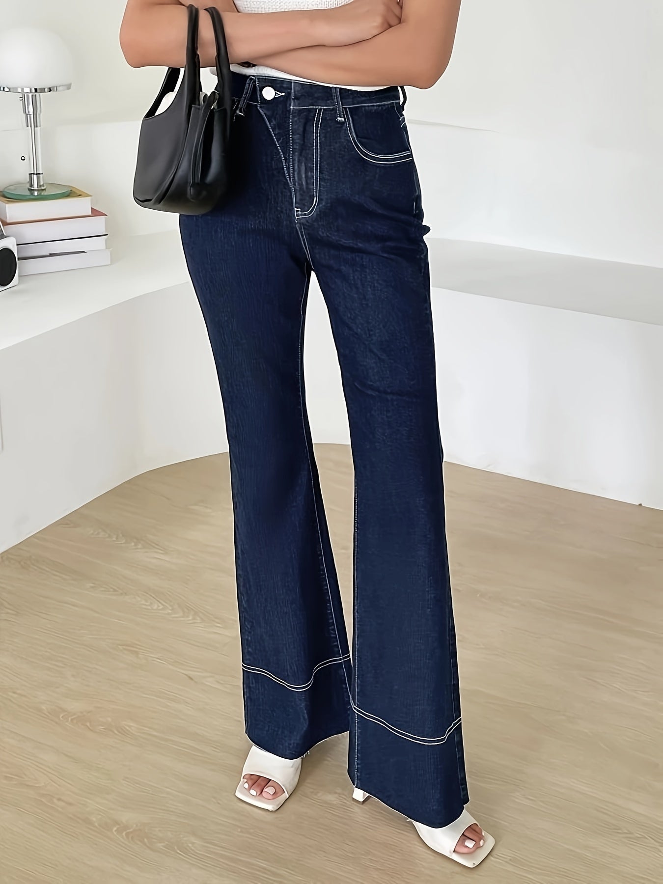 vlovelaw Contrast Seam Stitching Asymmetric Button Waist Detail Flare Leg Jeans, Plain Dark Blue Medium Stretch Unique Denim Pants, Women's Denim Jeans & Clothing