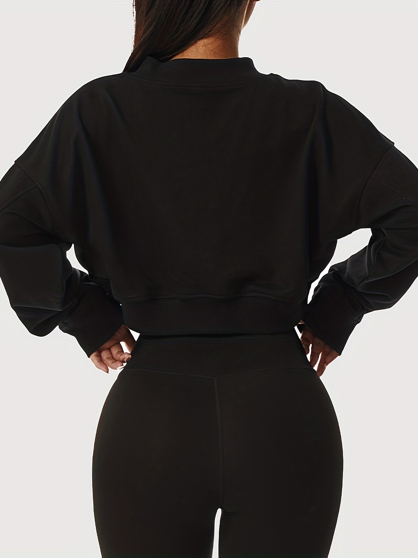 Women's Solid Cropped Long Sleeve Sweatshirts, Casual V Neck Pullover Sports T-Shirts Tops, Women's Clothing