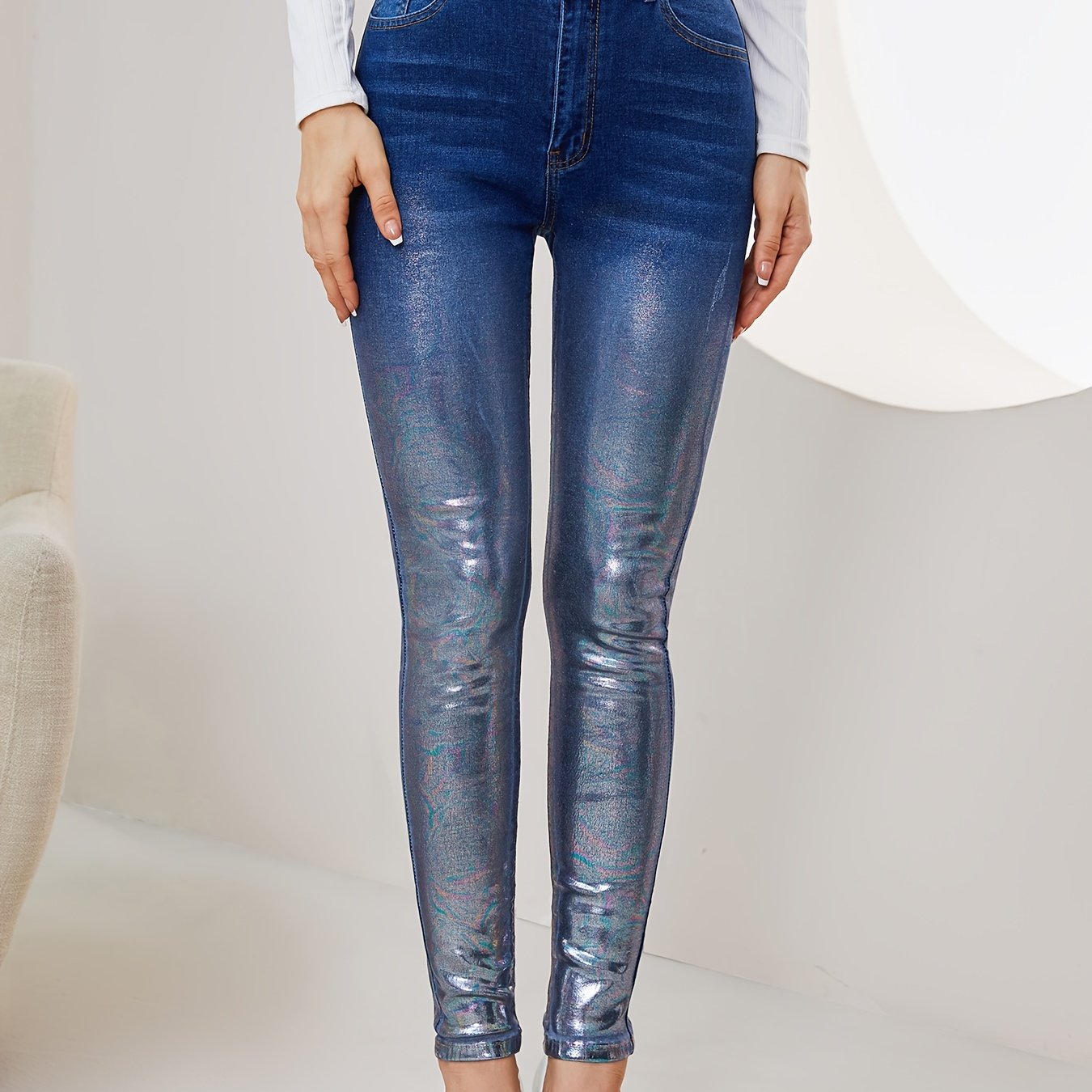 vlovelaw Ombre Metallic Skinny Jeans, Fashion High Stretch Casual Denim Pants With Slant Pocket, Women's Denim Jeans & Clothing