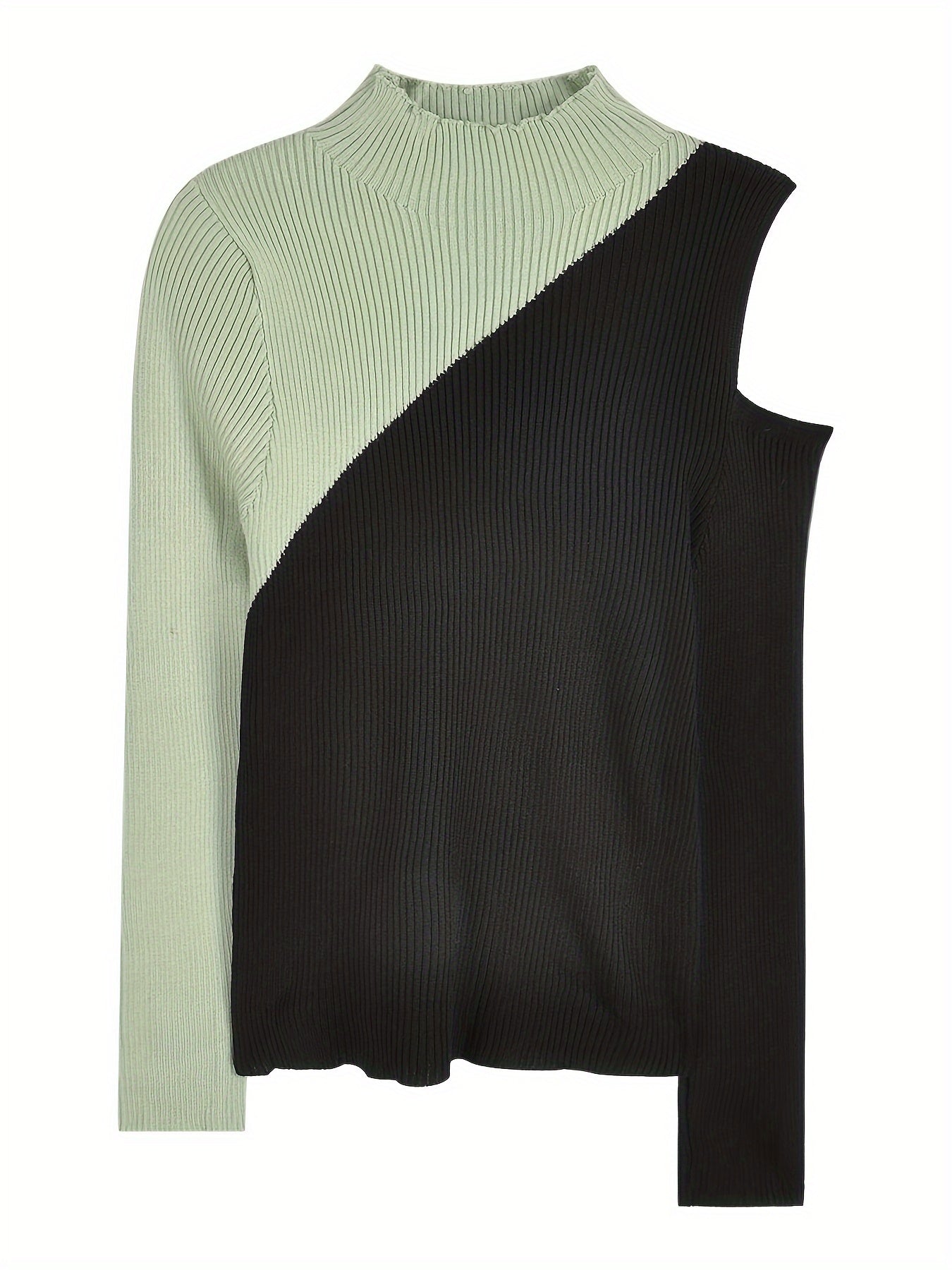 vlovelaw Color Block Pullover Sweater, Casual Cold Shoulder Mock Neck Long Sleeve Top, Women's Clothing