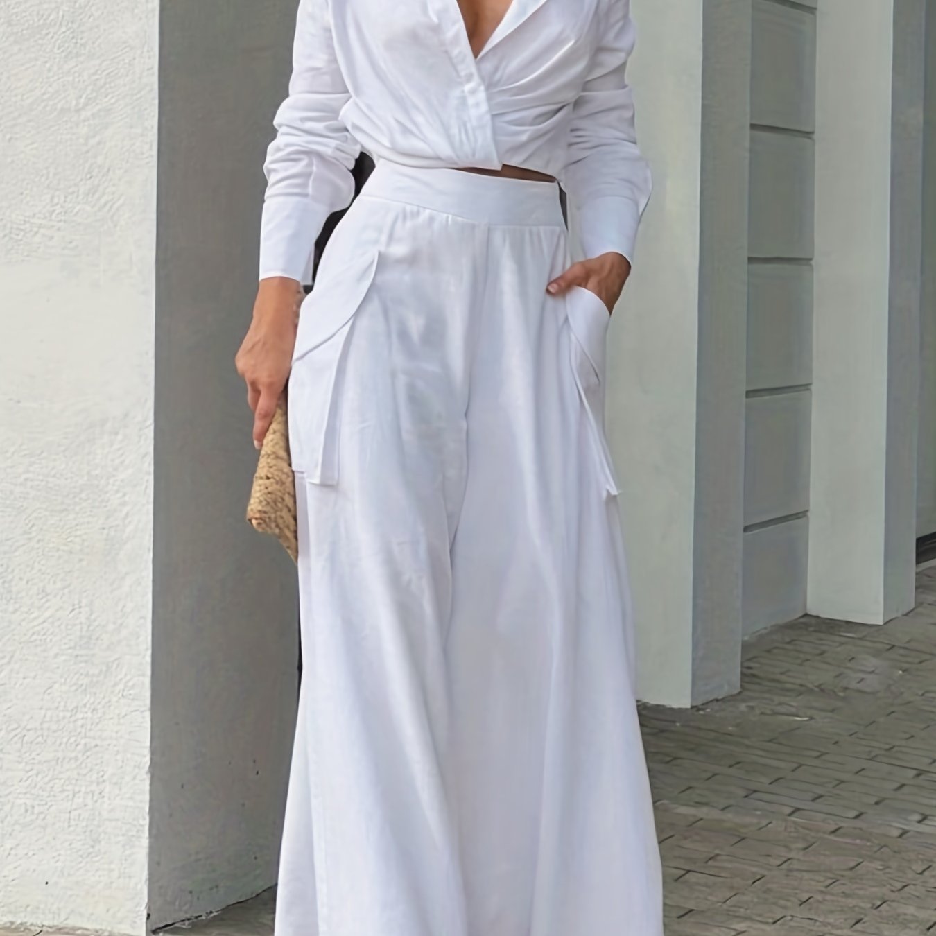 vlovelaw Casual Matching Two-piece Set, Long Sleeve Blouse & Wide Leg Pants Outfits, Women's Clothing