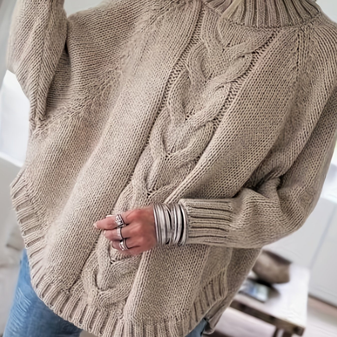 Cable Mock Neck Sweater, Vintage Batwing Sleeve Curved Hem Sweater, Women's Clothing