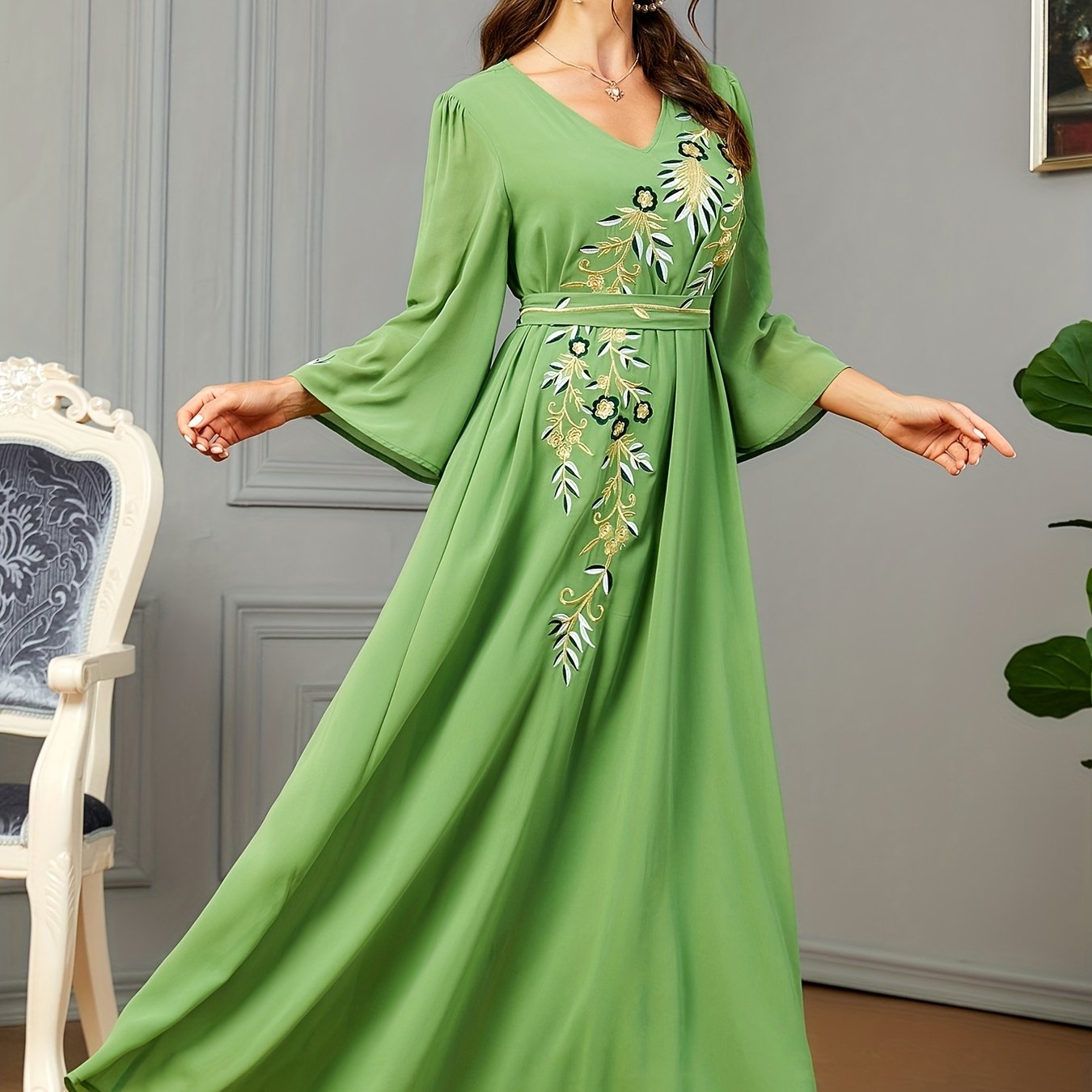 Floral Embroidered V Neck Belted Dress, Elegant Bell Sleeve Maxi Dress, Women's Clothing