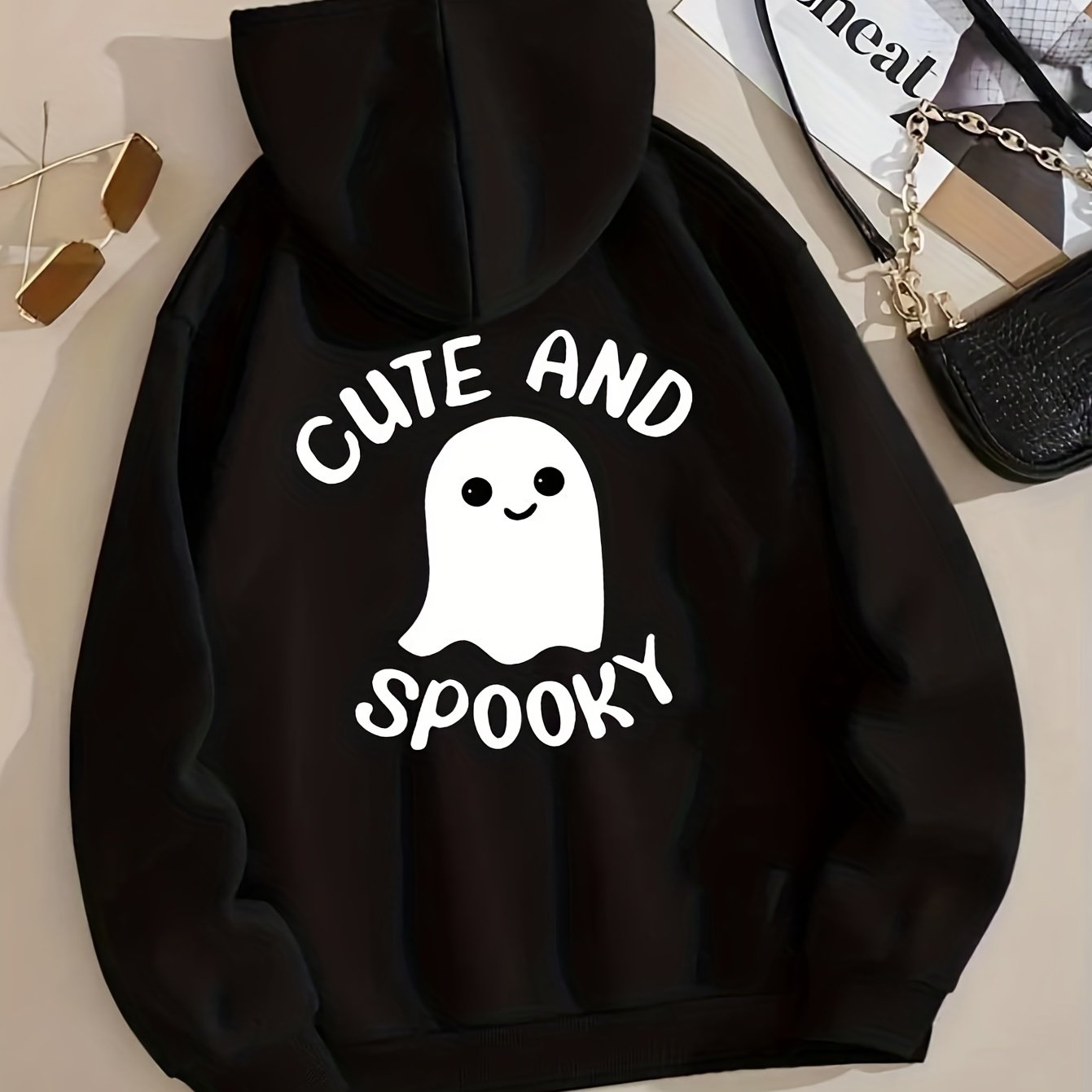 Cute Ghost Graphic Long Sleeve Fleece Hooded Sweatshirts For Halloween, Drawstring Sports Hoodie With Front Pocket, Women's Sporty Sweatshirts