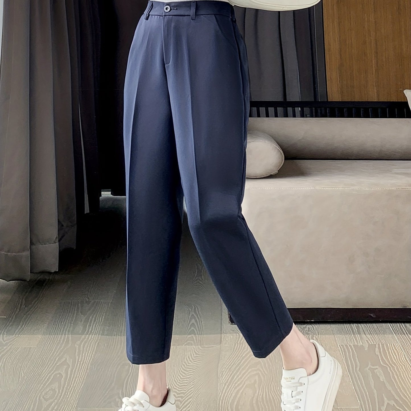 vlovelaw Solid Cropped Tailored Pants, Casual Back Elastic Waist Pants, Women's Clothing