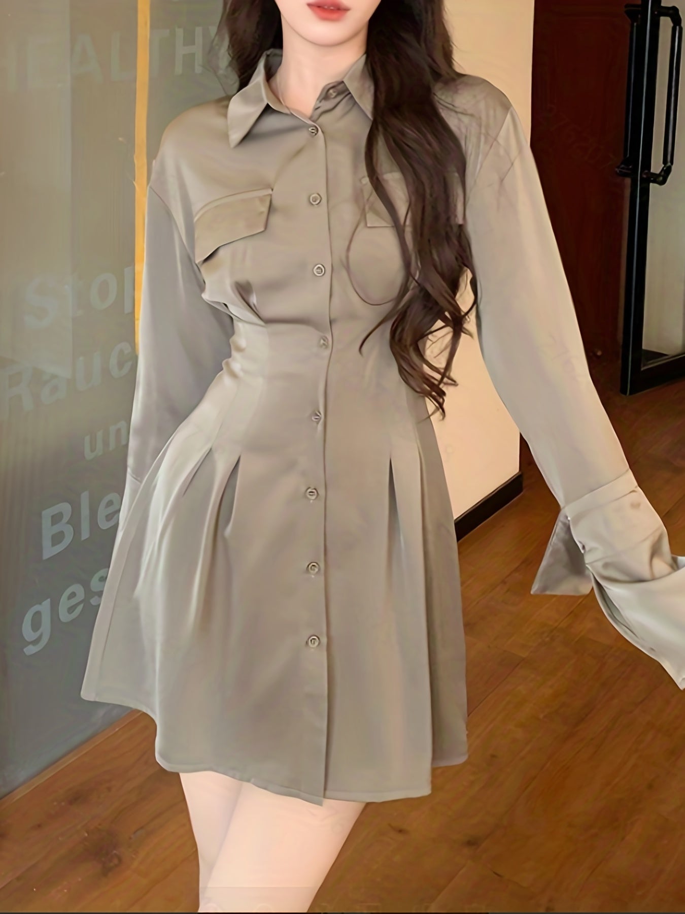 vlovelaw Button Front Tucked Dress, Casual Solid Long Sleeve Collared Shirt Dress, Women's Clothing