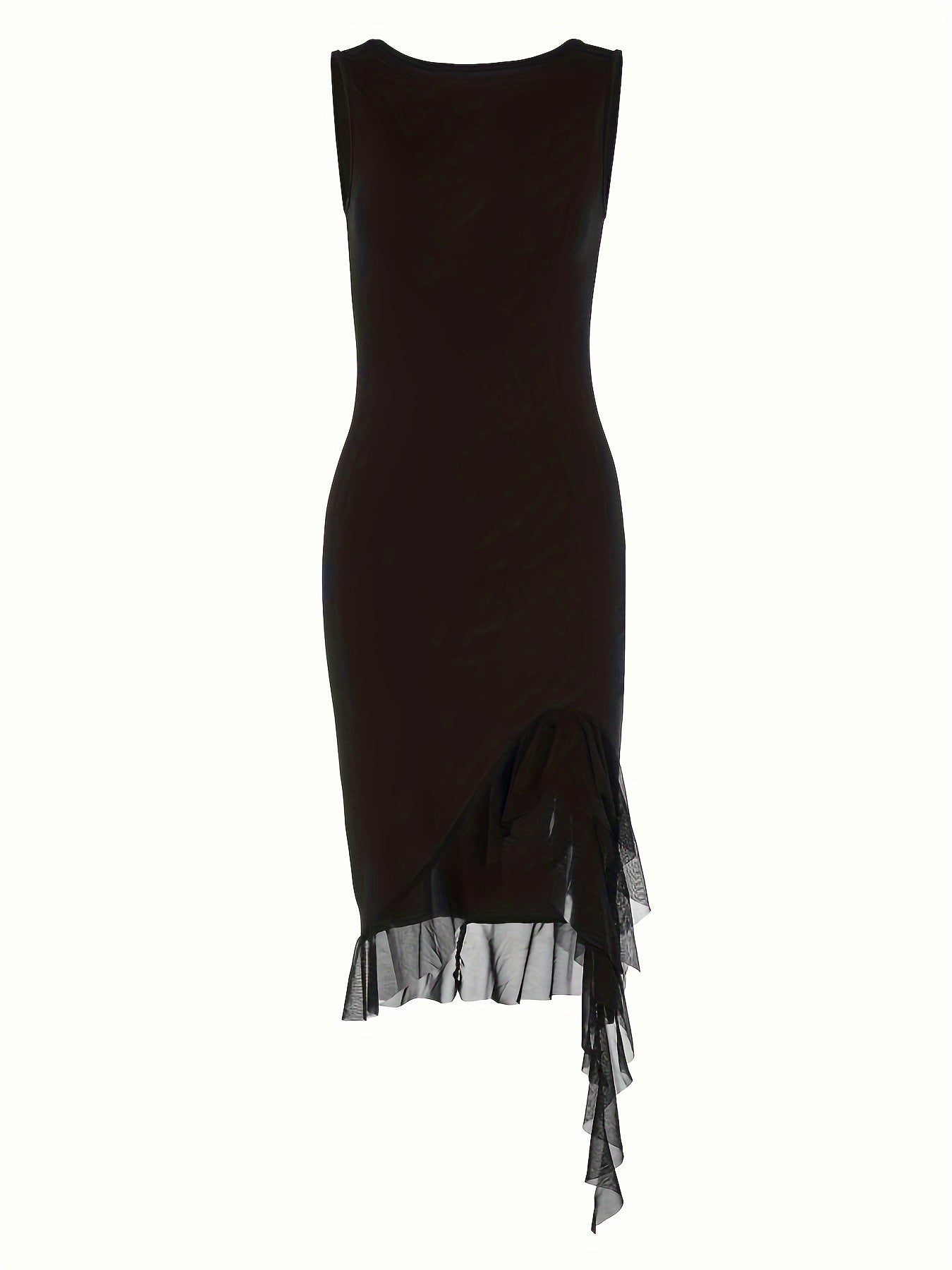 vlovelaw Solid Ruffle Mesh Trim Dress, Elegant Sleeveless Slim Dress For Spring & Summer, Women's Clothing