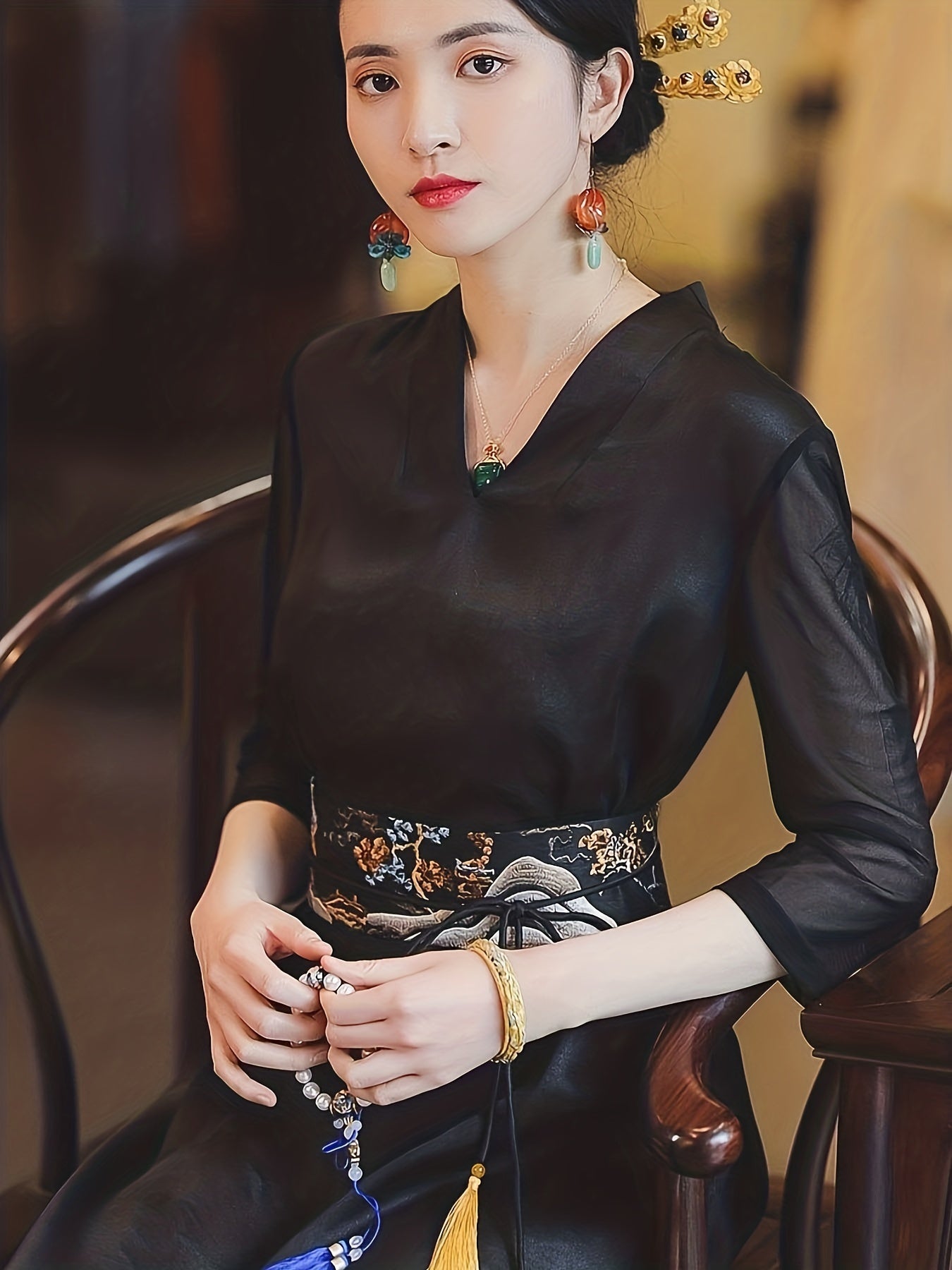 Chinese Style 3/4 Sleeve Dress, Vintage V Neck Slim Midi Dress, Women's Clothing
