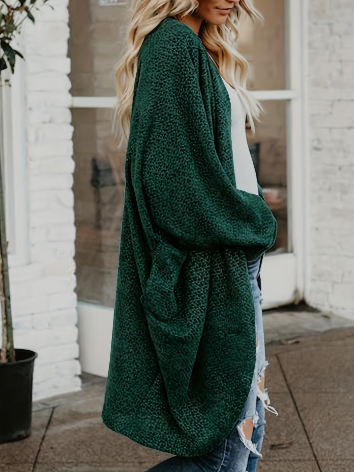 Solid Open Front Knit Cardigan, Casual Batwing Sleeve Mid Length Sweater, Women's Clothing