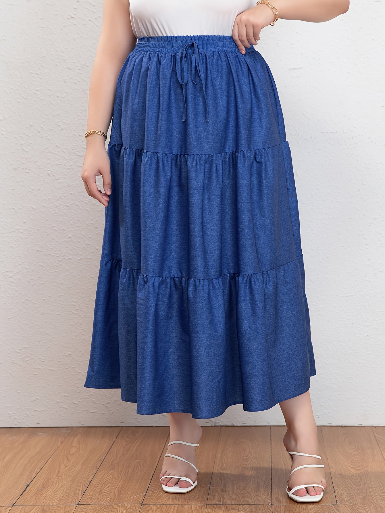 Plus Size Casual Skirt, Women's Plus Denim Print Drawstring Elastic High Rise Smock Skirt
