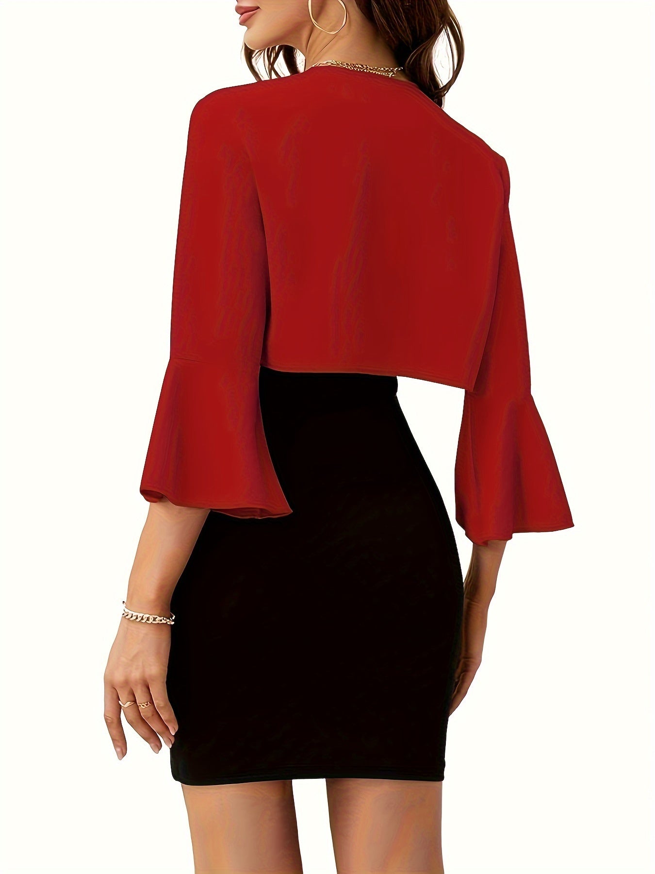 Flared Sleeve Cropped Jacket, Casual Open Front Solid Outerwear, Women's Clothing