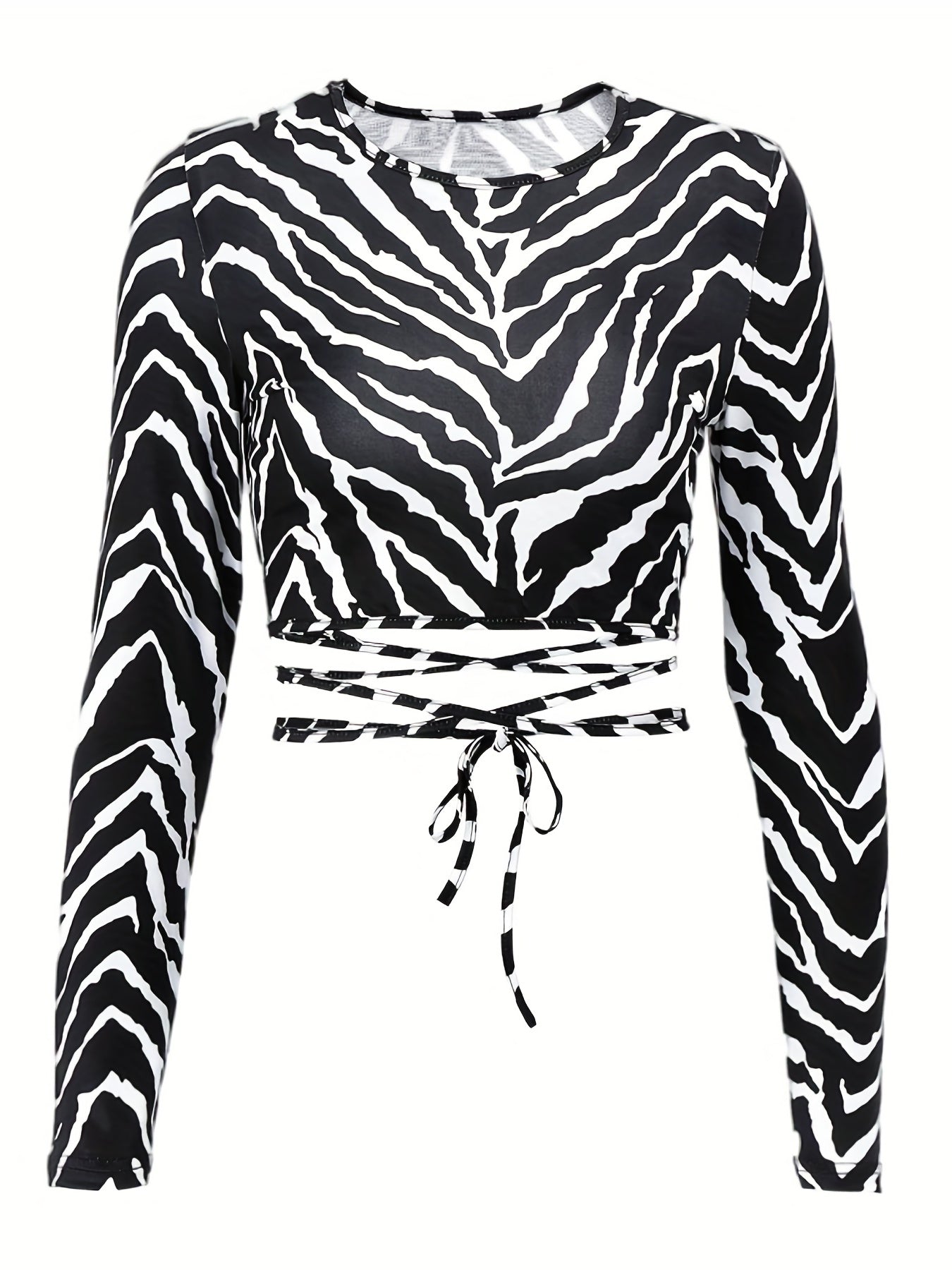 vlovelaw Zebra Print Backless T-shirt, Sexy Crew Neck Long Sleeve Tie Back T-shirt, Women's Clothing