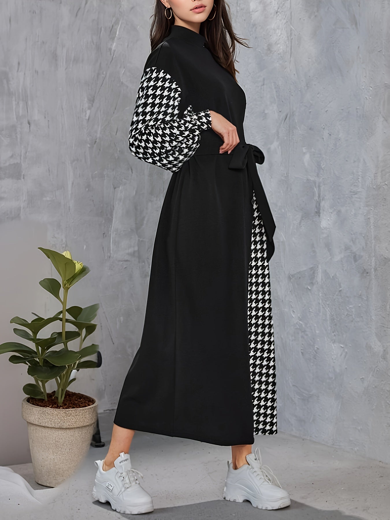 vlovelaw Houndstooth Print Splicing Mock Neck Dress, Casual Cinched Waist Long Sleeve Belted Dress, Women's Clothing