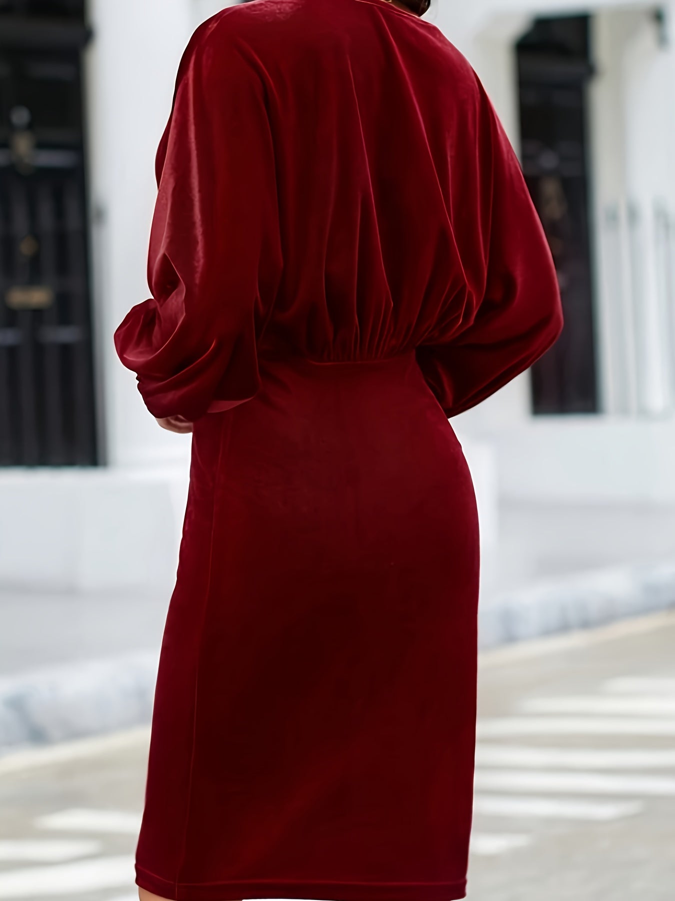Solid Bodycon Knee Length Dress, Elegant Long Sleeve Crew Neck Dress, Women's Clothing