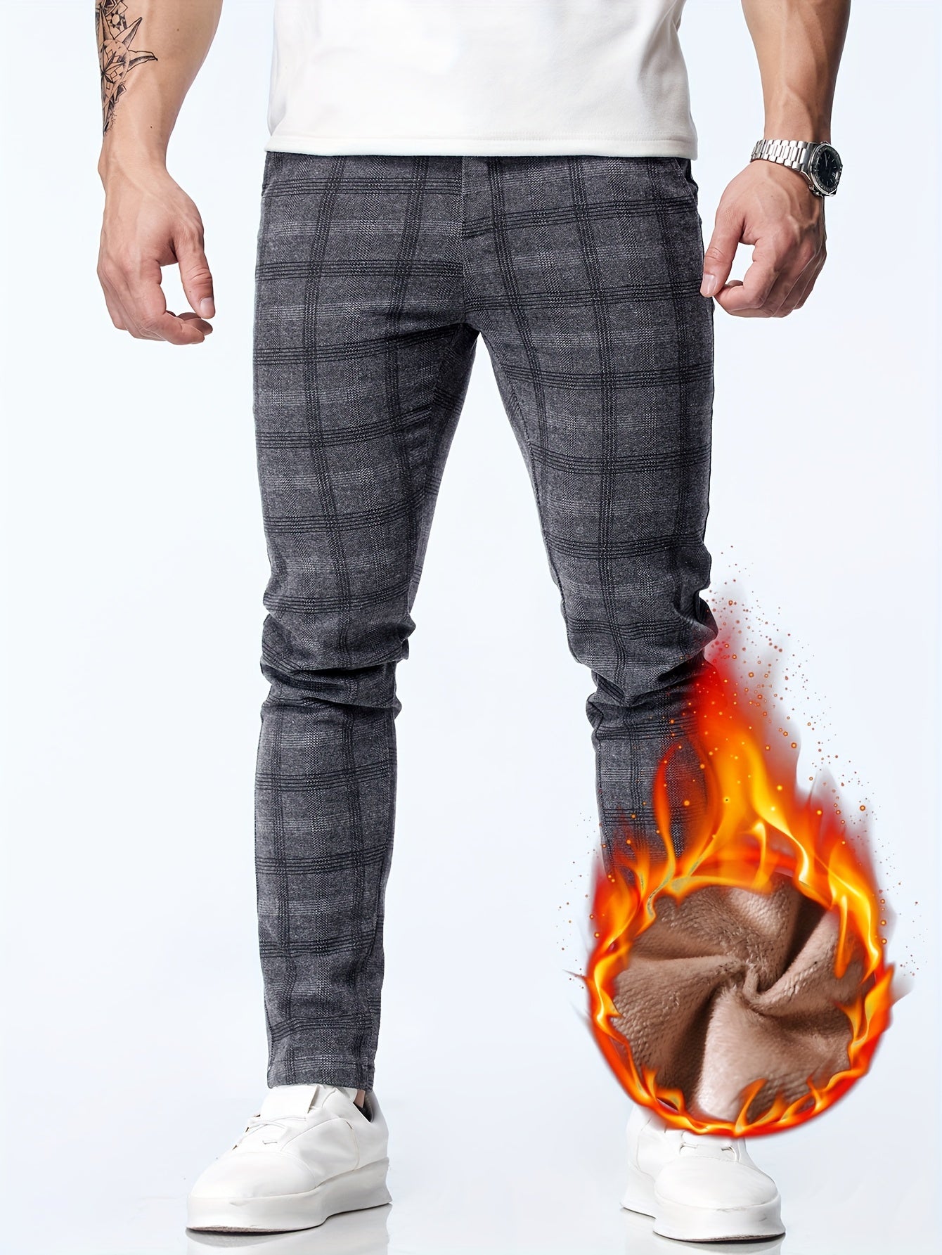 vlovelaw Men's Casual Warm Thick Slim Fit Pants, Chic Fleece Lined Retro Plaid Pants For Fall Winter