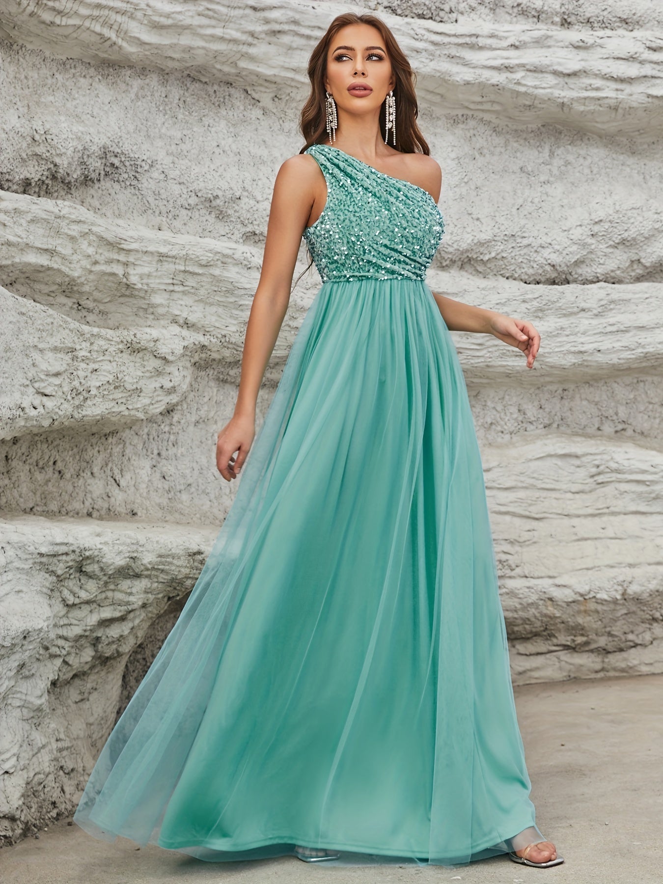 vlovelaw One Shoulder Sequin Dress, Elegant Sleeveless Dress For Party & Banquet, Women's Clothing