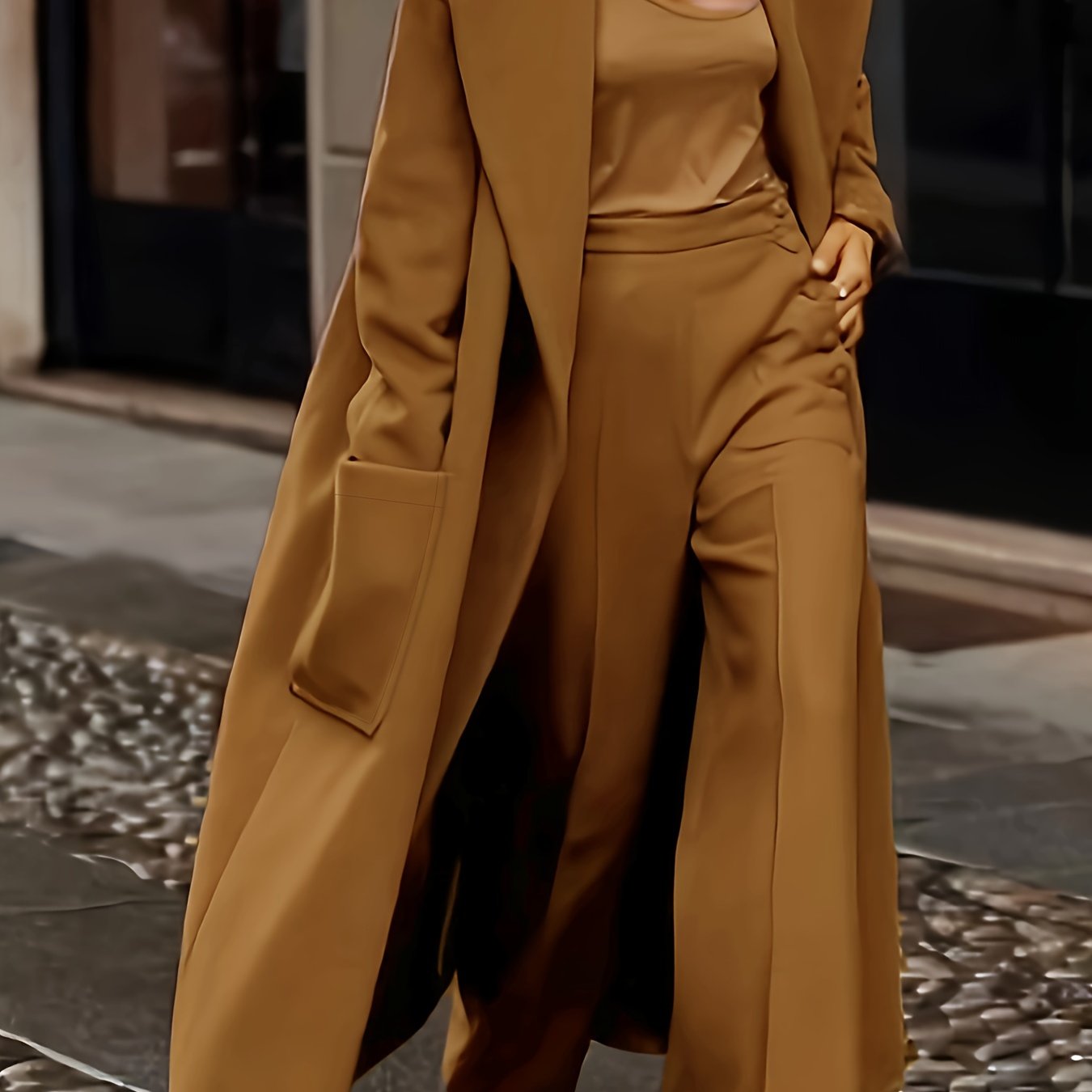 vlovelaw Solid Lapel Pockets Overcoat, Elegant Long Sleeve Maxi Outwear For Fall & Winter, Women's Clothing