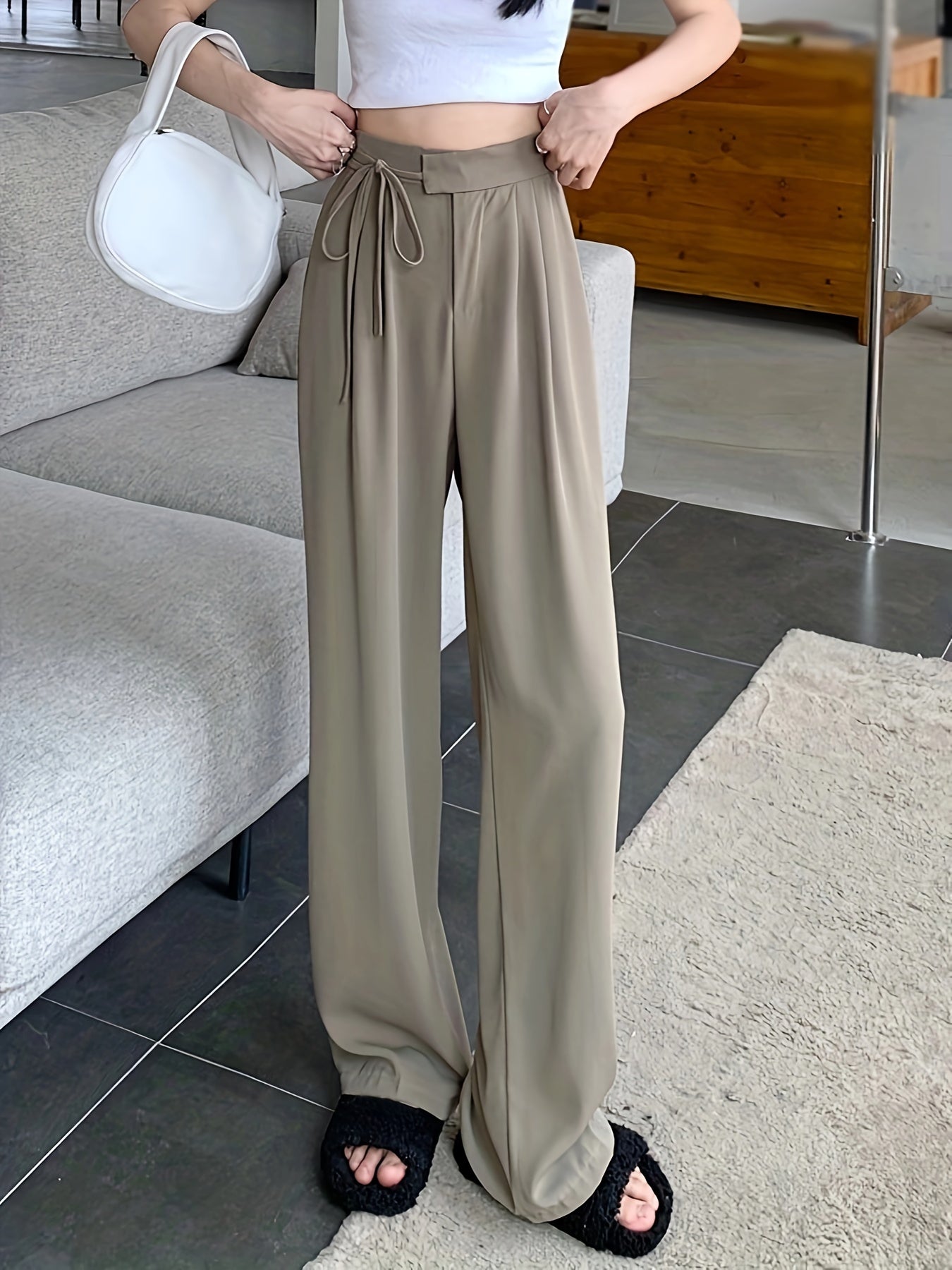 vlovelaw Solid Draped Straight Leg Pants, Casual Tied High Waist Loose Pants, Women's Clothing