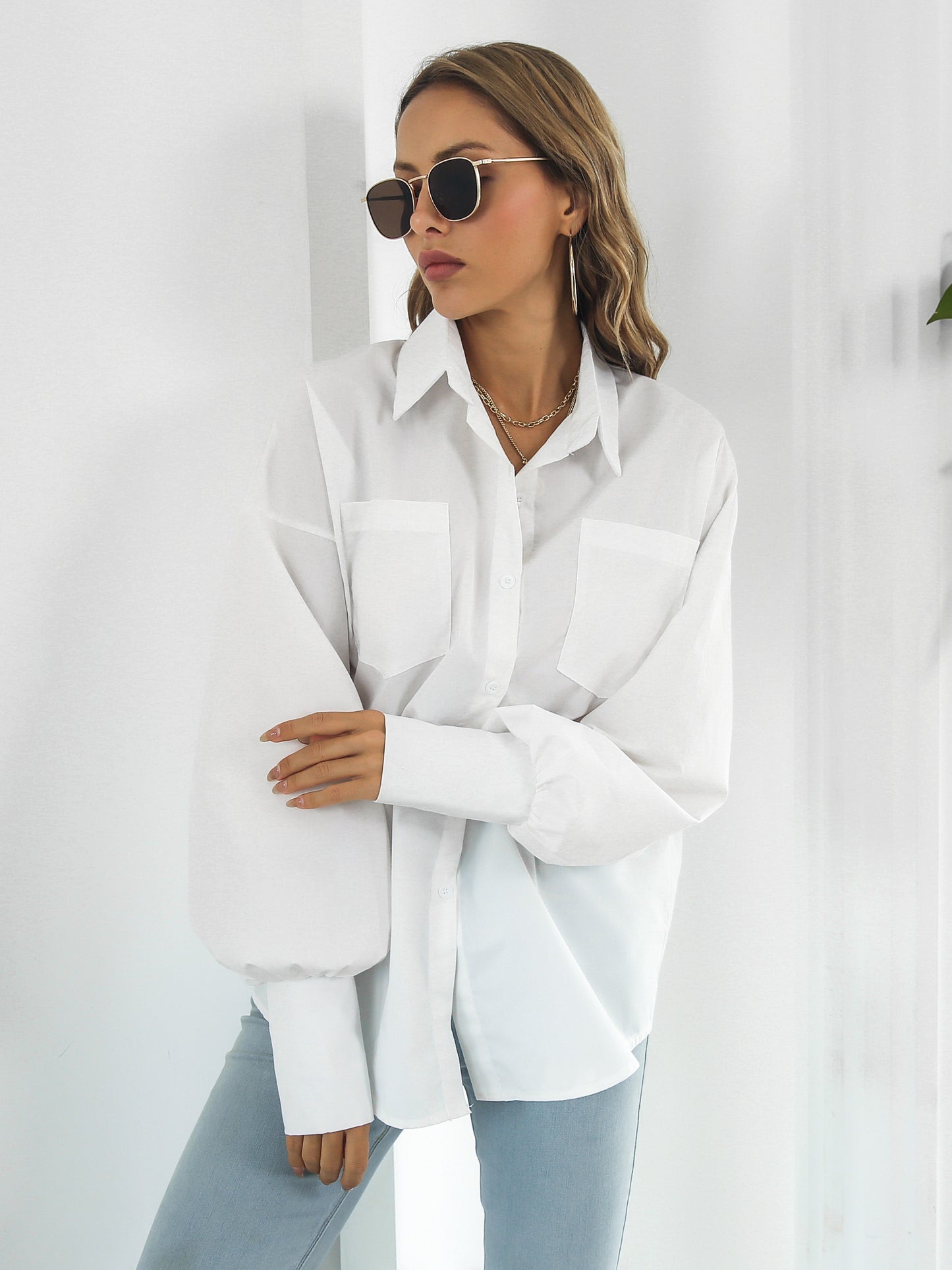 Women's Blouse Women Streetwear Button-down Shirt Irregular Long Sleeve Lapel Blouse With Pockets Autumn Loose Blouse
