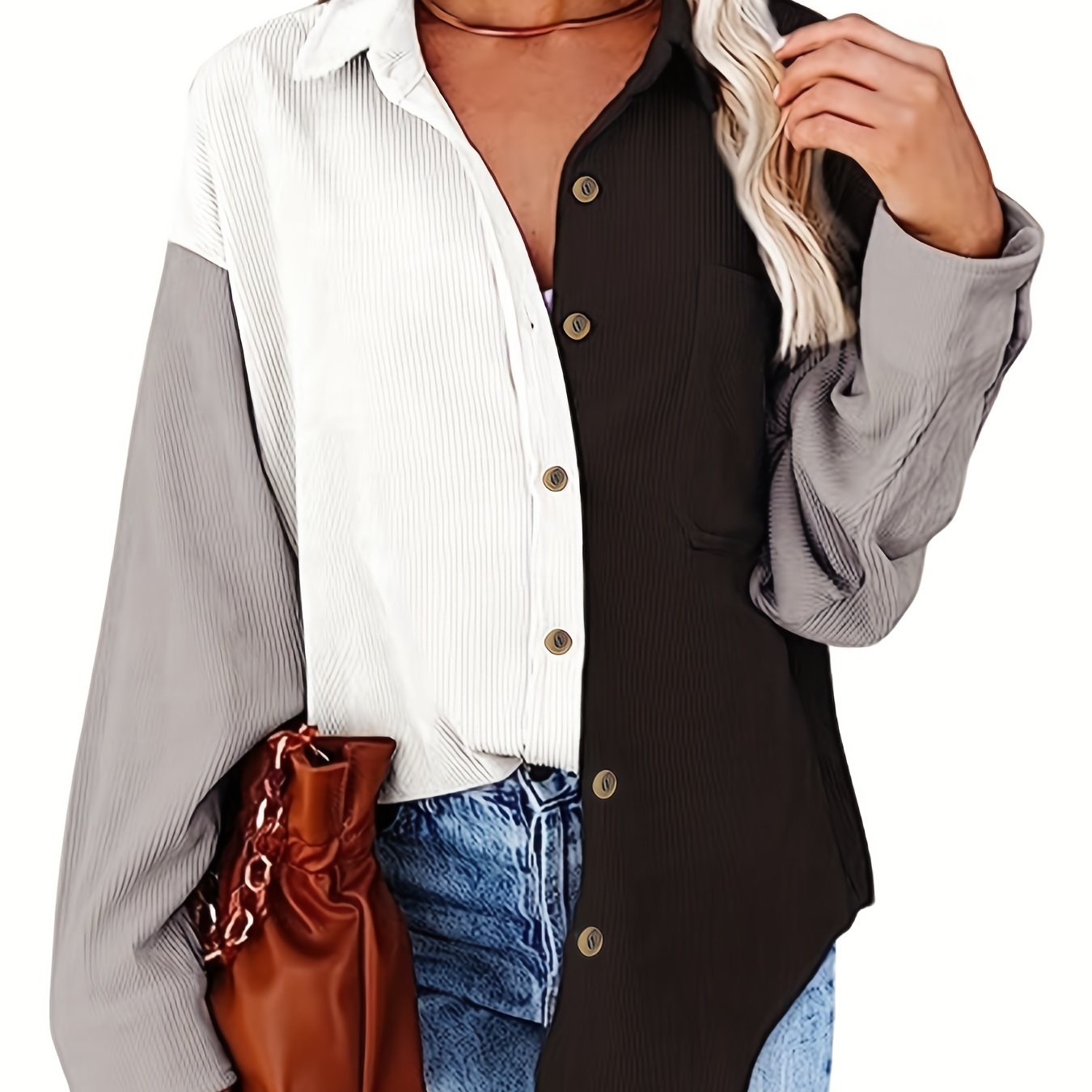 Color Block Drop Shoulder Shirt, Casual Button Front Long Sleeve Shirt, Women's Clothing