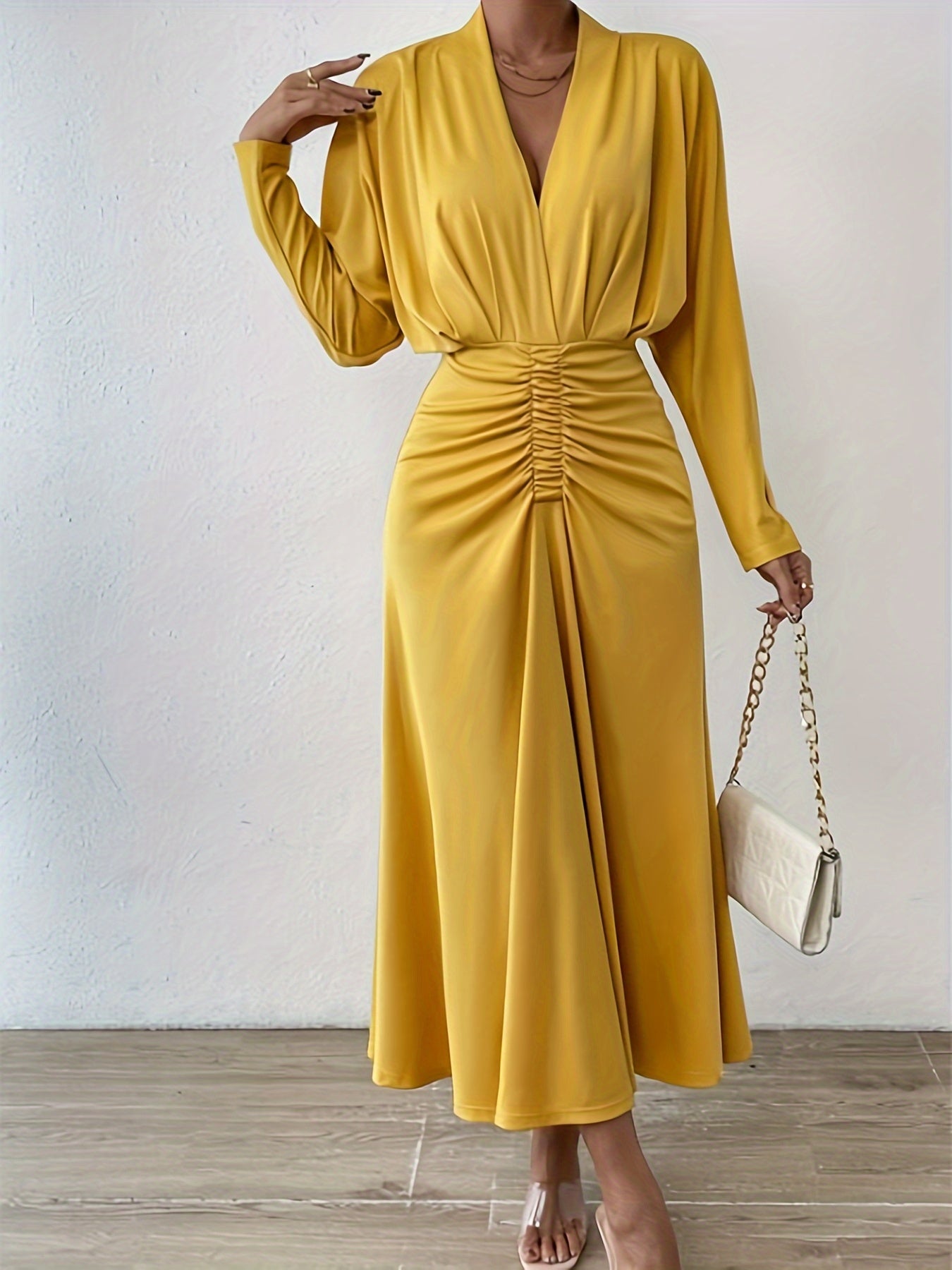 Ruched Solid Maxi Dress, Elegant V Neck Long Sleeve Dress, Women's Clothing
