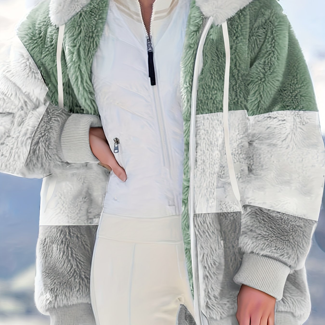 vlovelaw Plus Size Colorblock Fuzzy Hoodie Drawstring Zip Up Coat, Women's Plus Pocket Casual Overcoat
