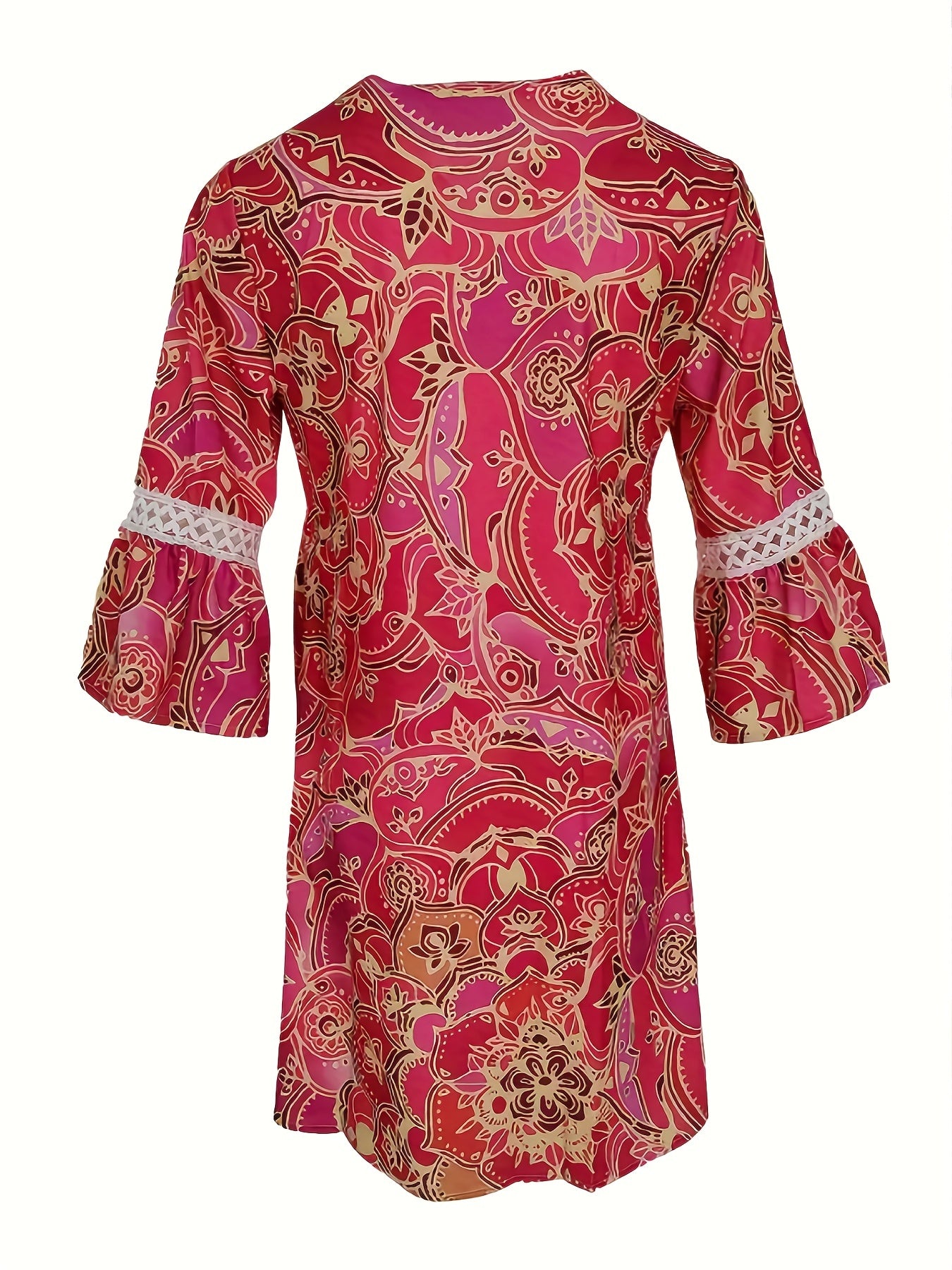 vlovelaw Floral Print Lace Trim Dress, Vacation 3/4 Sleeve Summer V Neck Midi Dress, Women's Clothing