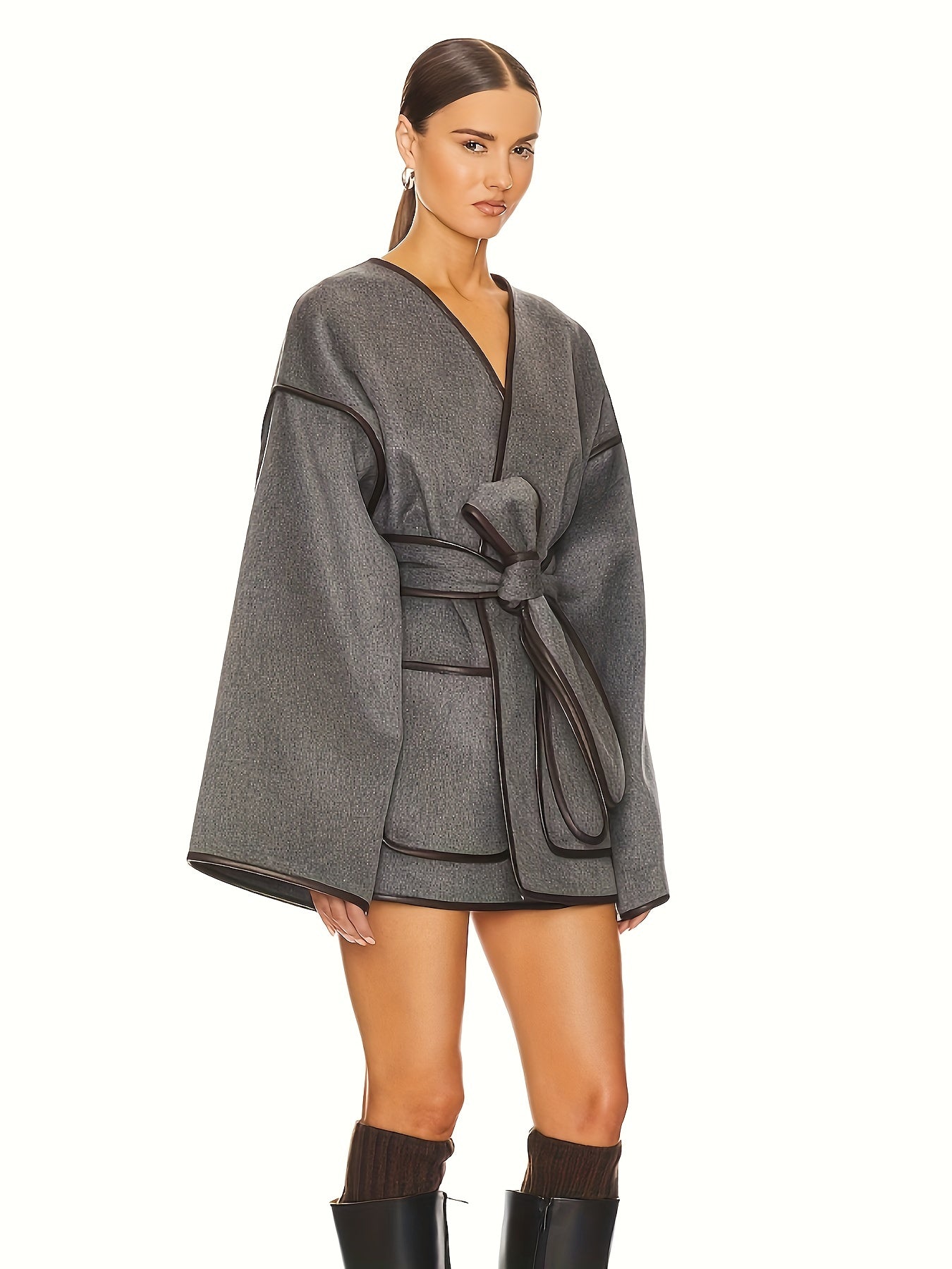 vlovelaw Contrast Trim Open Front Tied Coat, Stylish Long Sleeve Dual Pocket Jacket For Fall & Winter, Women's Clothing