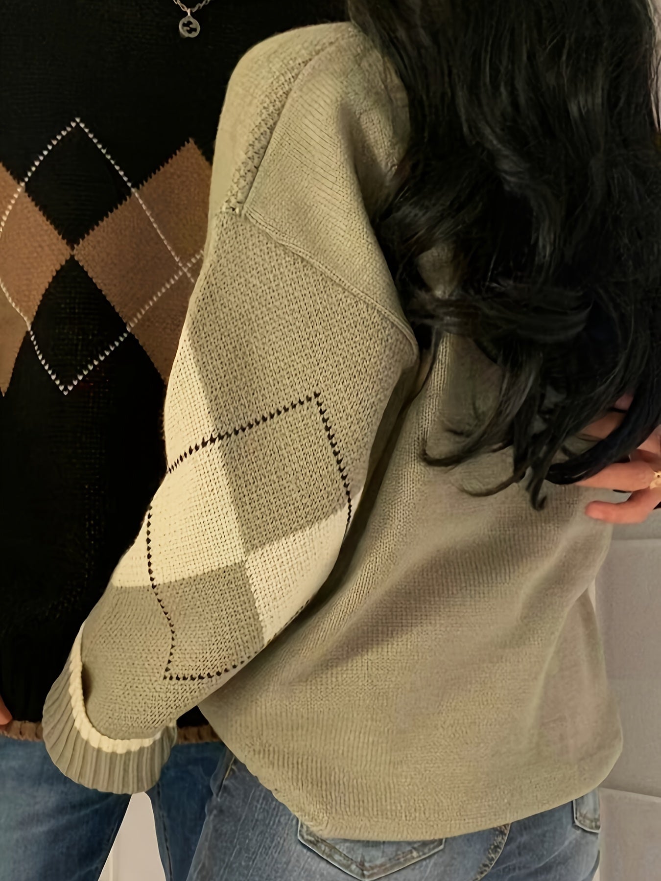 vlovelaw Argyle Pattern Crew Neck Pullover Sweater, Vintage Long Sleeve Loose Sweater, Women's Clothing