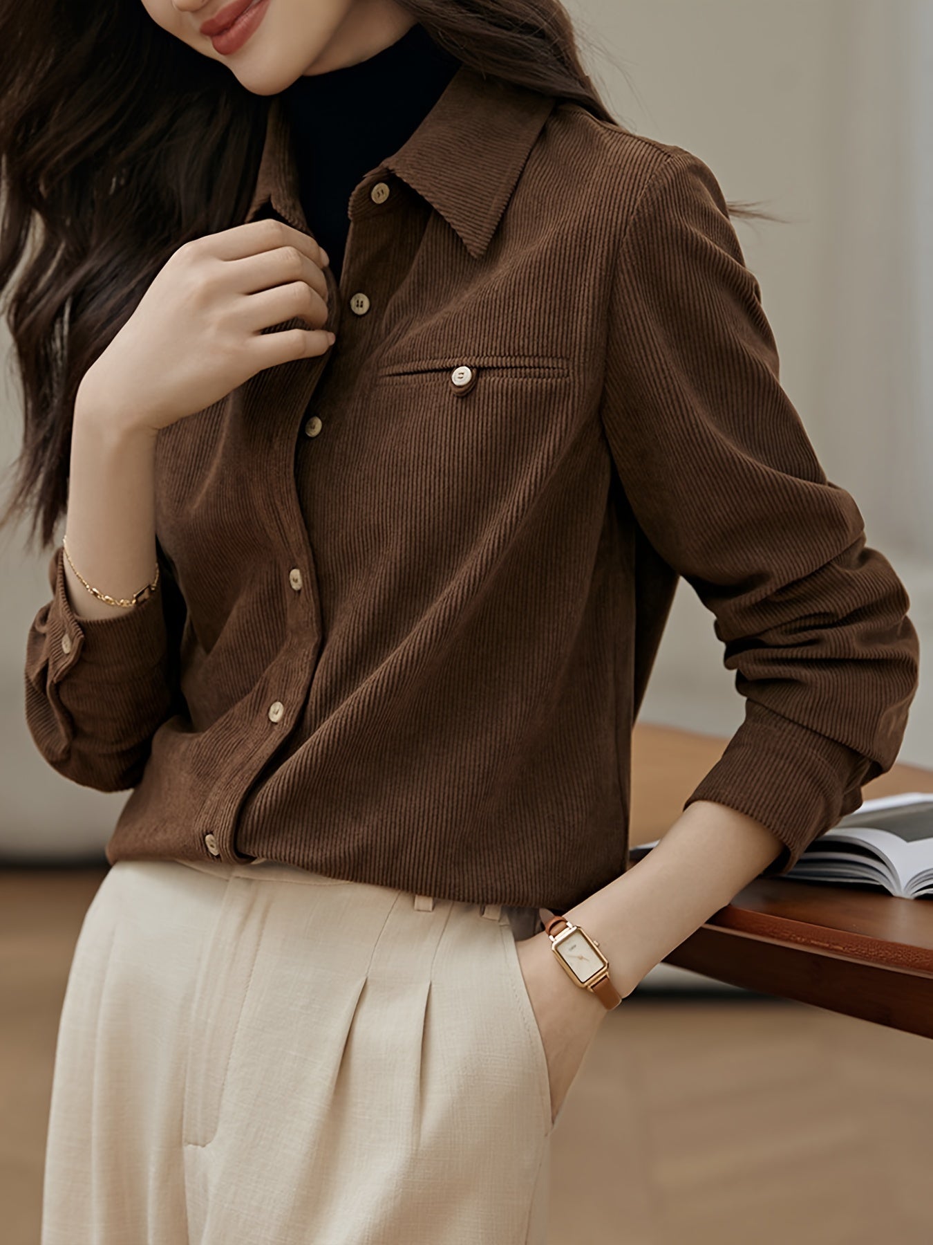 Ribbed Polo Collar Button Shirt, Elegant Long Sleeve Shirt For Spring & Fall, Women's Clothing