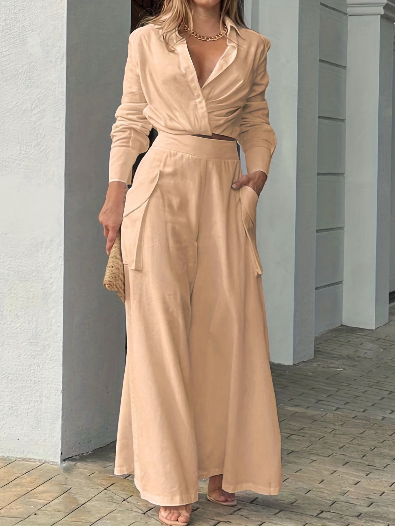 vlovelaw Casual Matching Two-piece Set, Long Sleeve Blouse & Wide Leg Pants Outfits, Women's Clothing