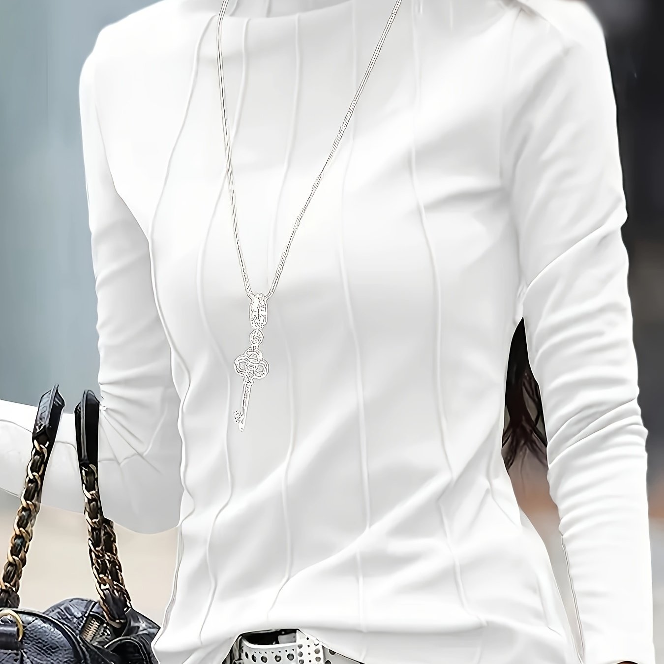 vlovelaw Plus Size Solid Turtleneck Slim T-Shirt, Versatile Long Sleeve T-Shirt For Spring & Fall, Women's Plus Size Clothing