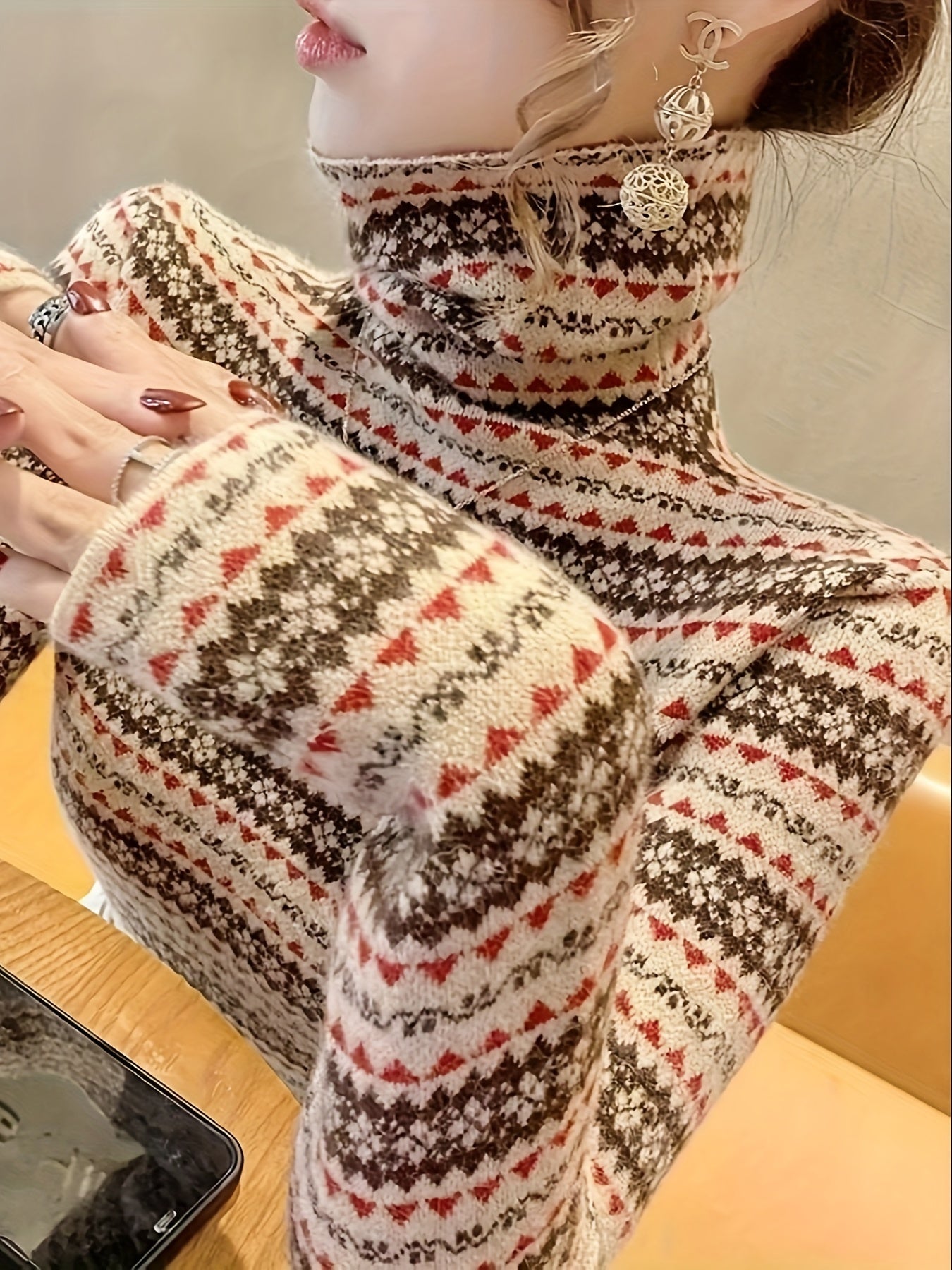 vlovelaw Geometric Pattern Knitted Pullover Sweater, Casual Turtleneck Long Sleeve Top For Fall & Winter, Women's Clothing