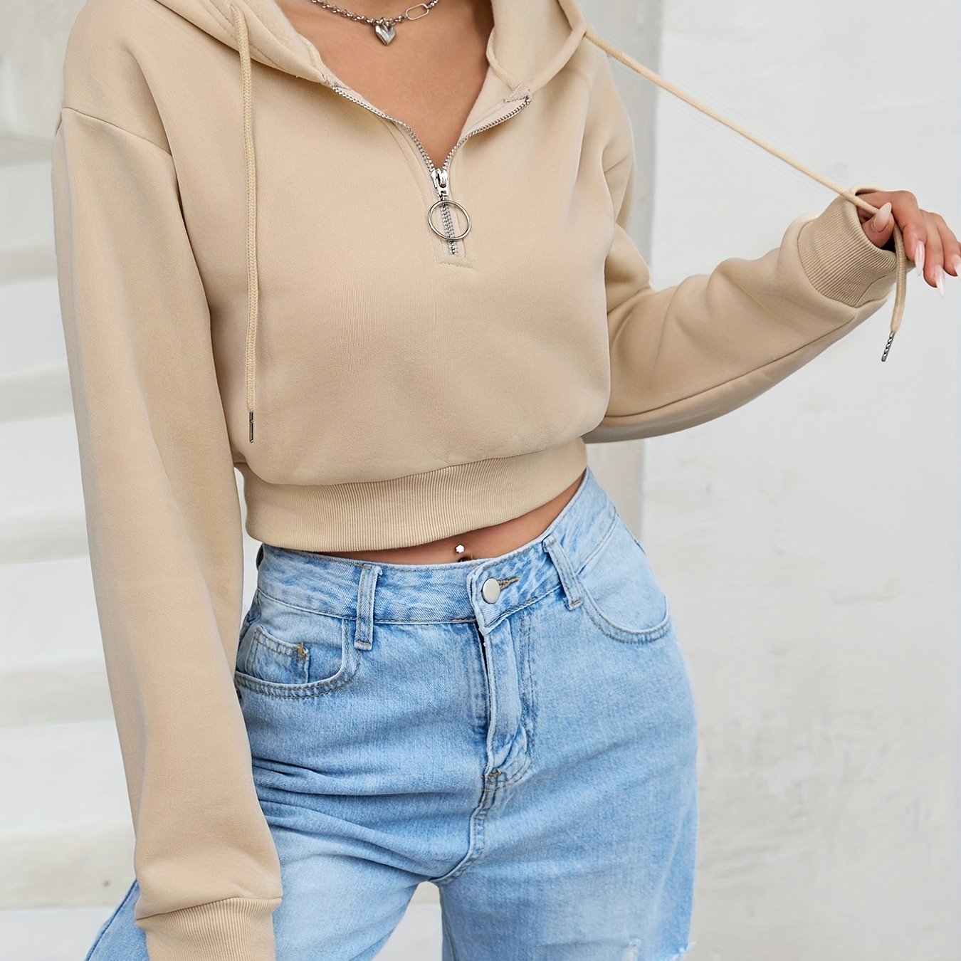 Solid Half Zip Crop Hoodie, Casual Long Sleeve Drawstring Hoodies Sweatshirt, Women's Clothing