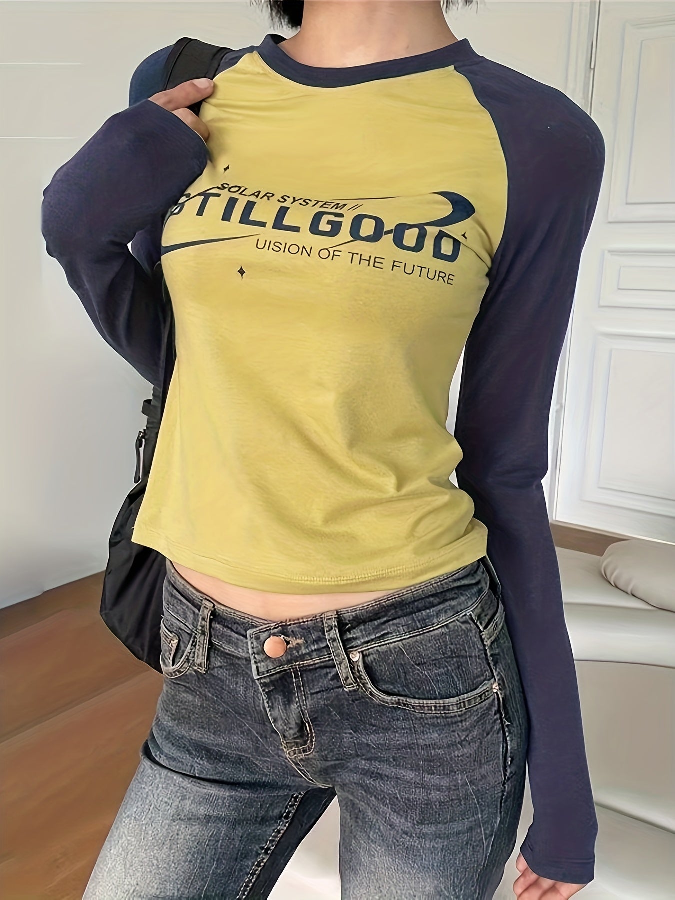 vlovelaw Long Sleeve Raglan Casual Sports Shirts,Fashion Letter Graphic Y2k Style Street Long Sleeve Top,Women's Tops