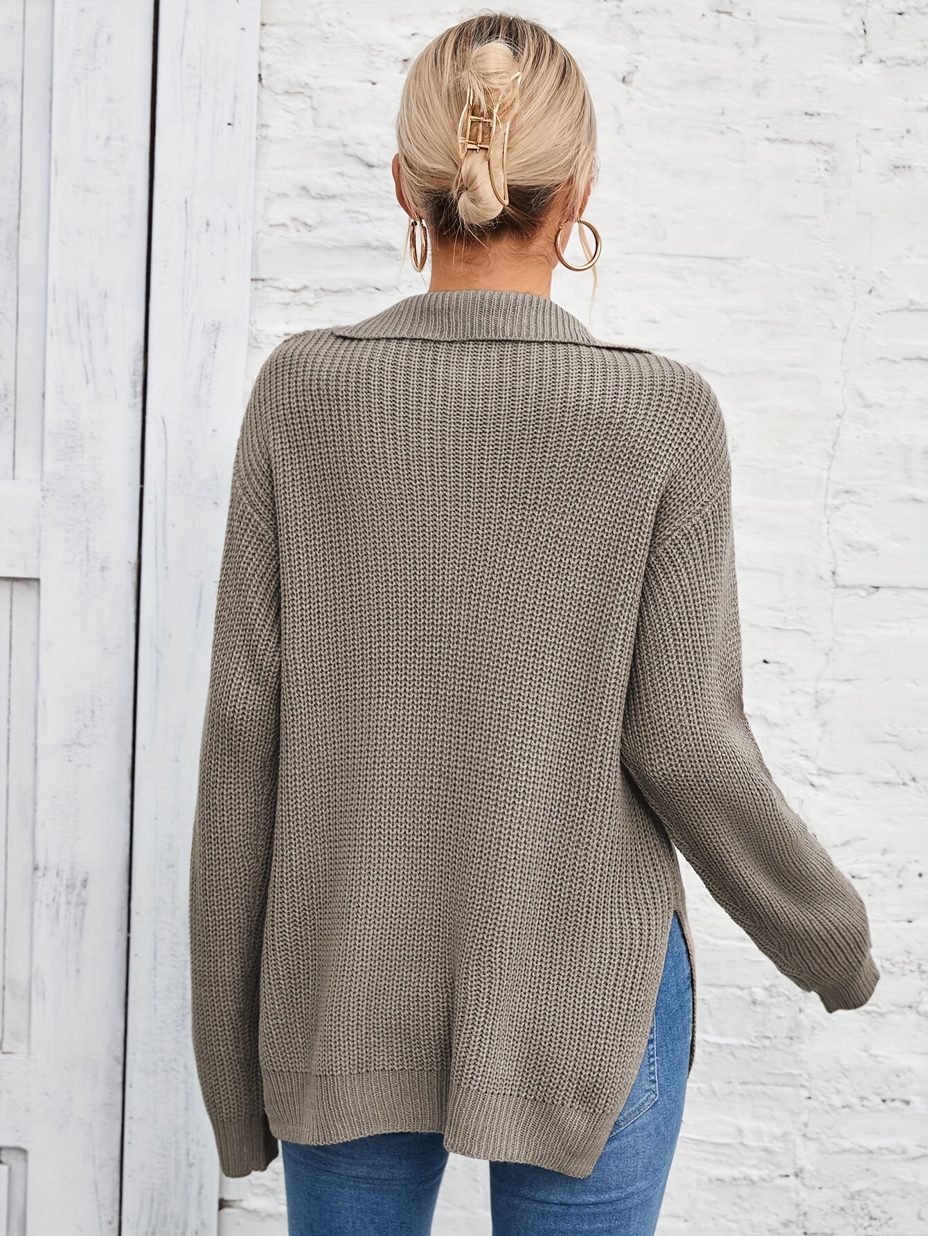 vlovelaw Long Sleeve Half Zip Sweater, Side Slit Casual Sweater For Winter & Fall, Women's Clothing