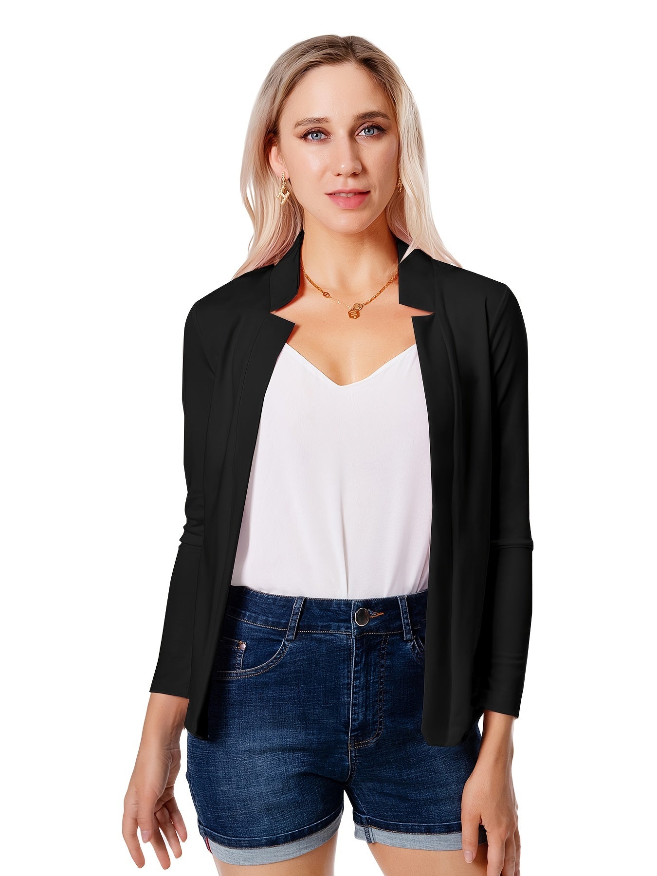 Solid Open Front Blazer, Elegant Long Sleeve Blazer For Office & Work, Women's Clothing