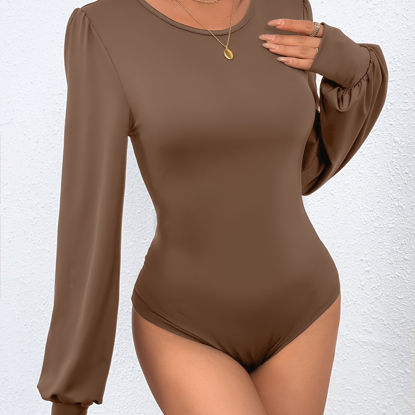 vlovelaw Solid Crew Neck Bodysuit, Elegant Lantern Sleeve Slim Bodysuit, Women's Clothing