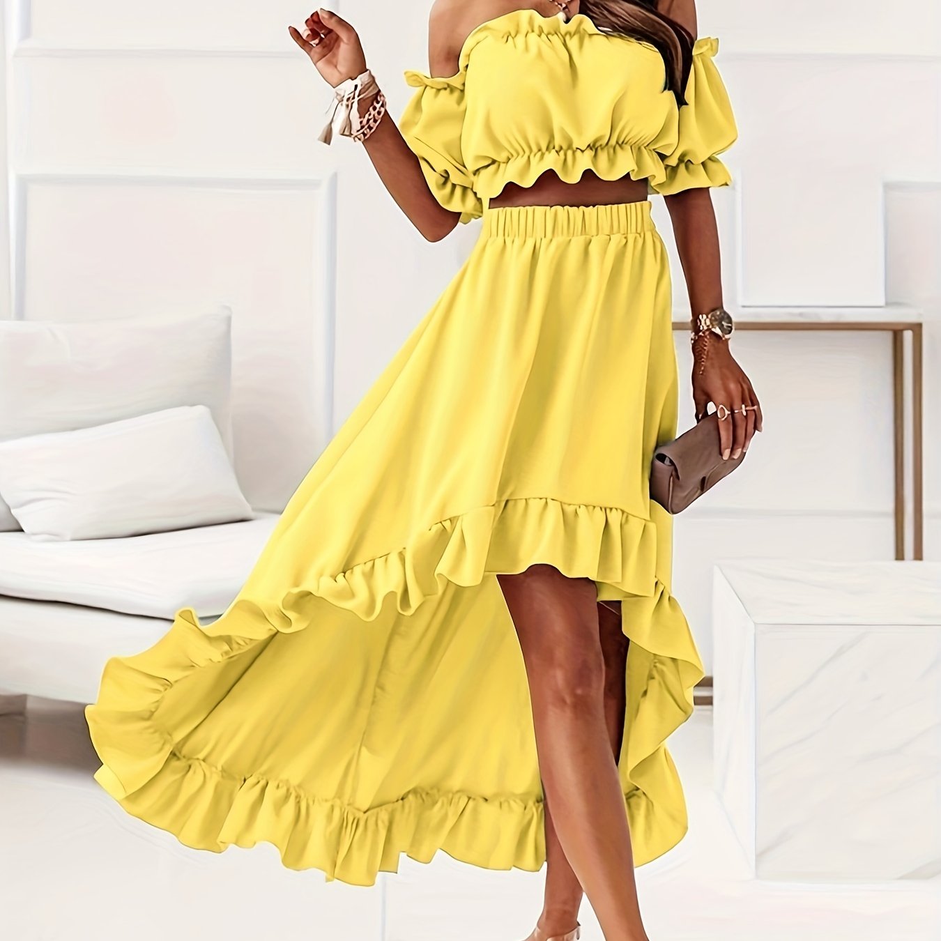 vlovelaw Solid Ruffle Trim Two-piece Set, Off Shoulder Short Sleeve Tops & Dipped Hem Elastic Waist Skirts Outfits, Women's Clothing