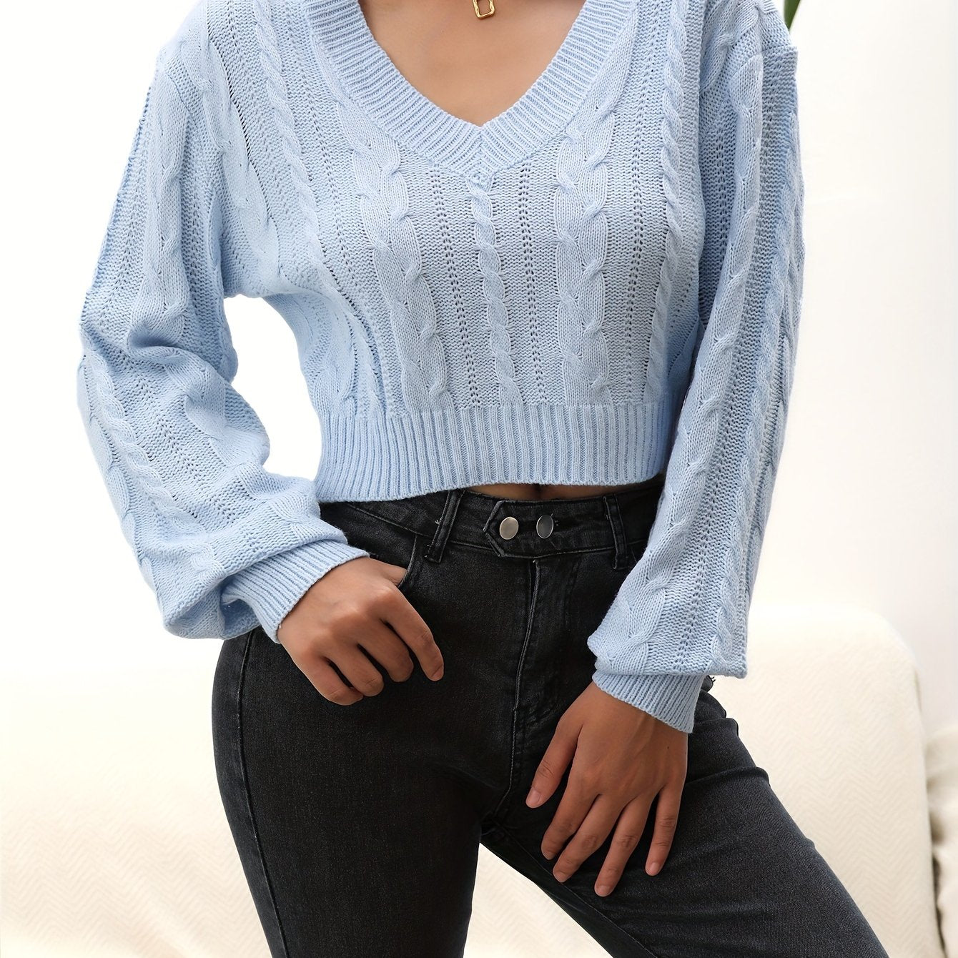 vlovelaw Solid Cable V Neck Sweater, Casual Long Sleeve Drop Shoulder Sweater, Women's Clothing