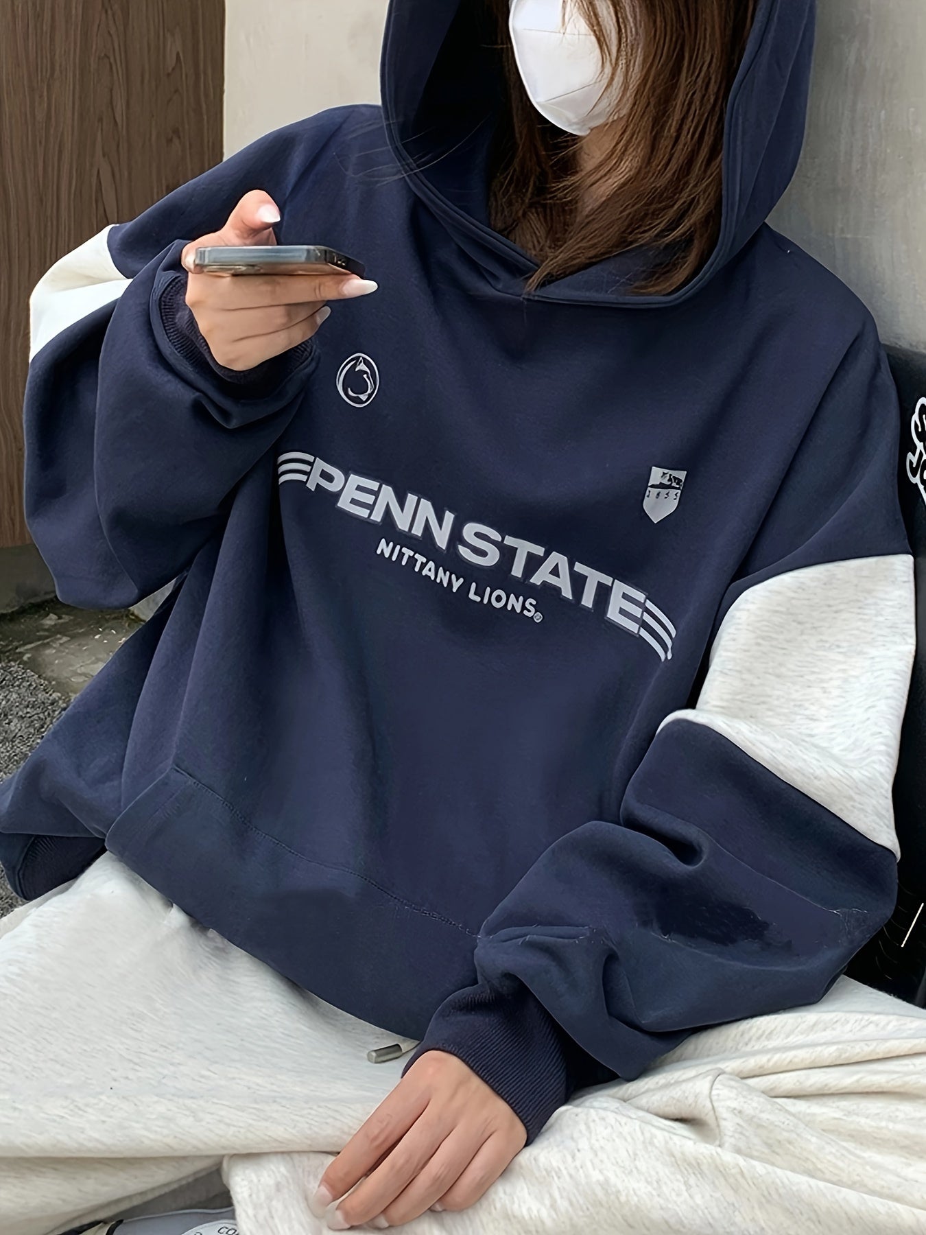 vlovelaw Contrast Color Casual Hooded Sweatshirt, Long Sleeves Letter Print Sports Sweatshirt, Women's Activewear