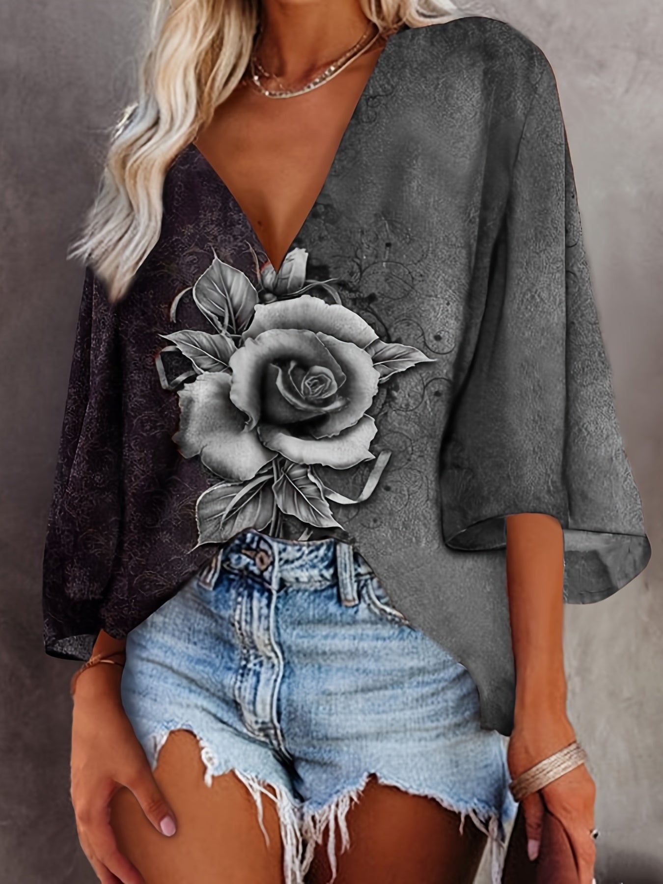 Plus Size Rose Print Bat Sleeve V Neck Top, Women's Plus Medium Stretch Casual T-shirt