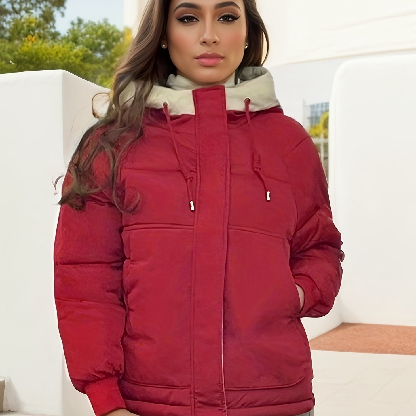 vlovelaw Solid Color Cotton-padded Jacket Coat, Casual Long Sleeve Hooded Warm Coat, Women's Clothing